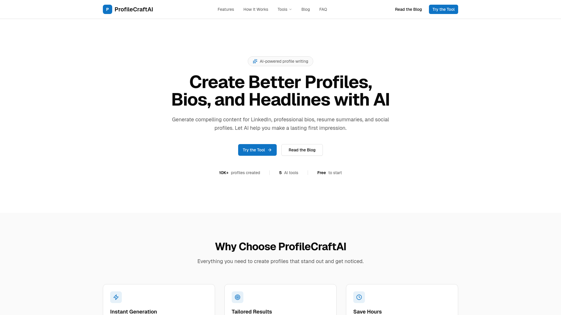 website screenshot of https://profilecraftai.com/