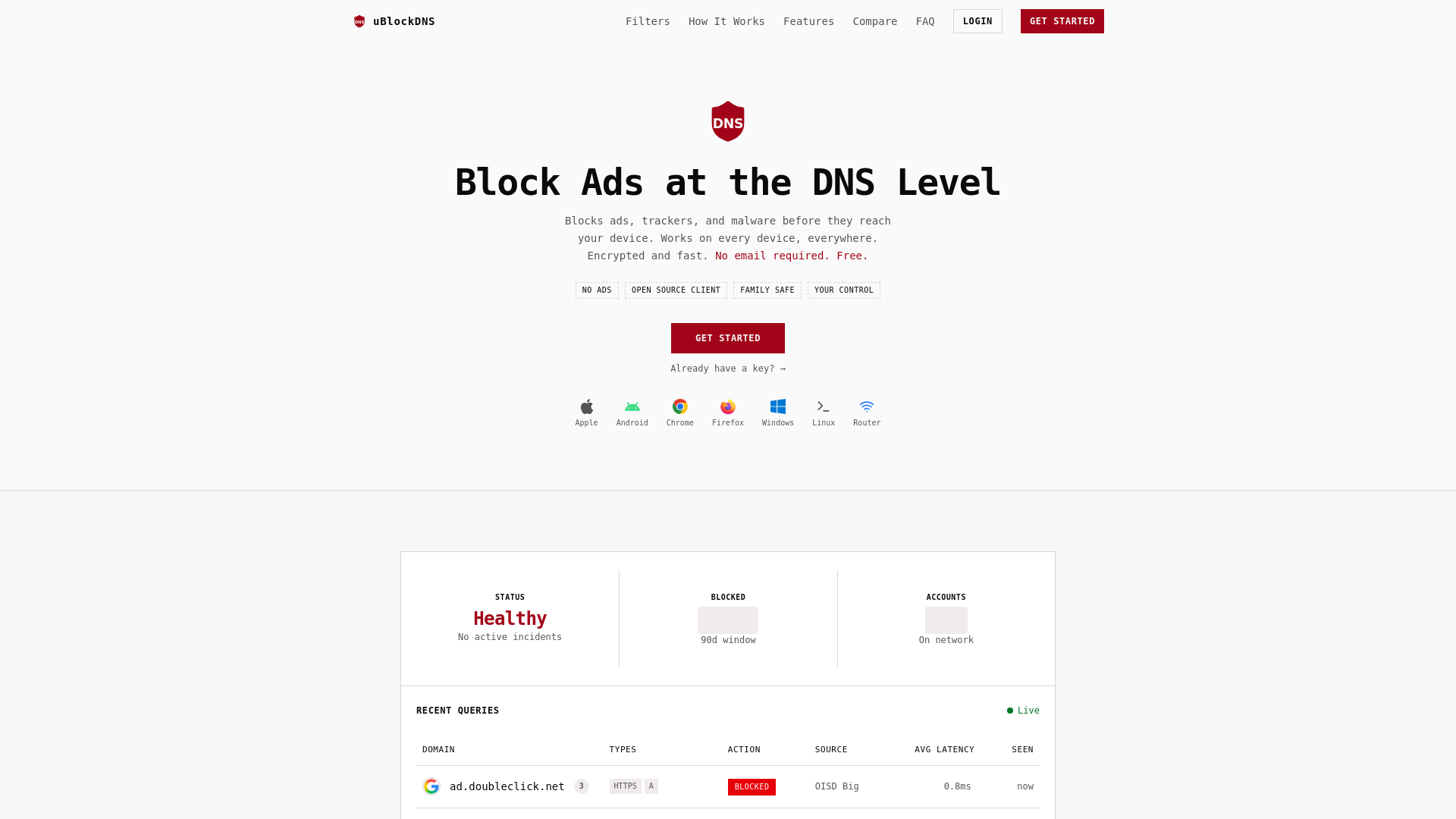 website screenshot of https://ublockdns.com/