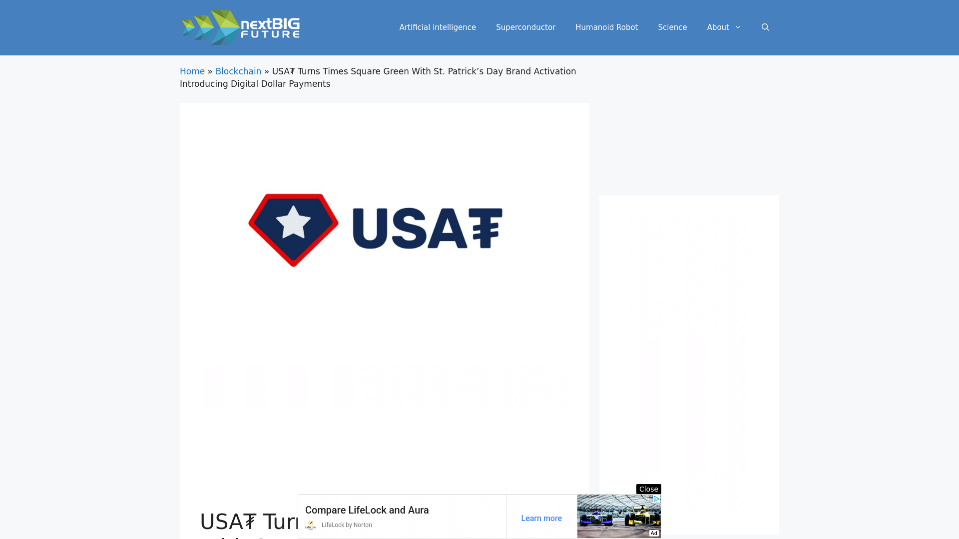 website screenshot of https://www.nextbigfuture.com/2026/03/usa%E2%82%AE-turns-times-square-green-with-st-patricks-day-brand-activation-introducing-digital-dollar-payments.html