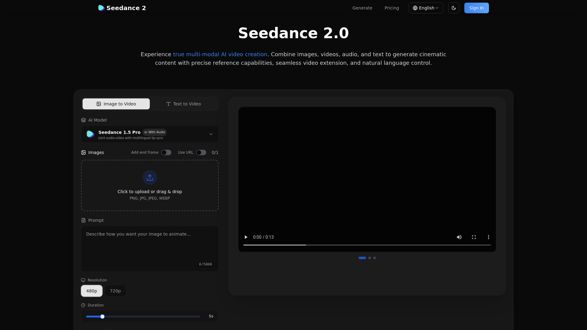 website screenshot of https://seedance2.ai/