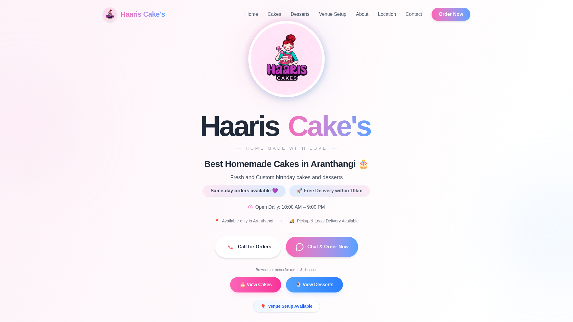 website screenshot of https://haariscakes.in/