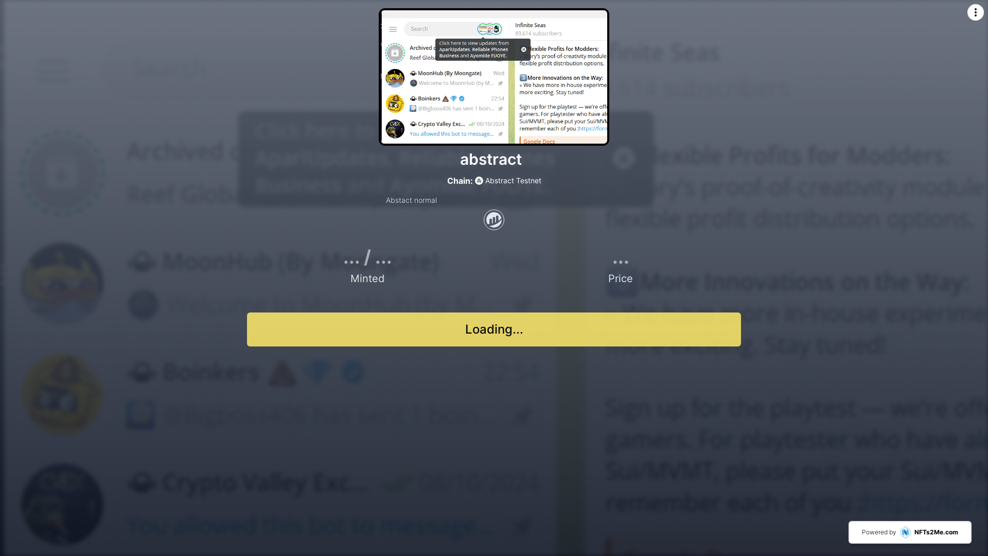 website screenshot of https://abstract-9fmrav.testnet.nfts2.me/