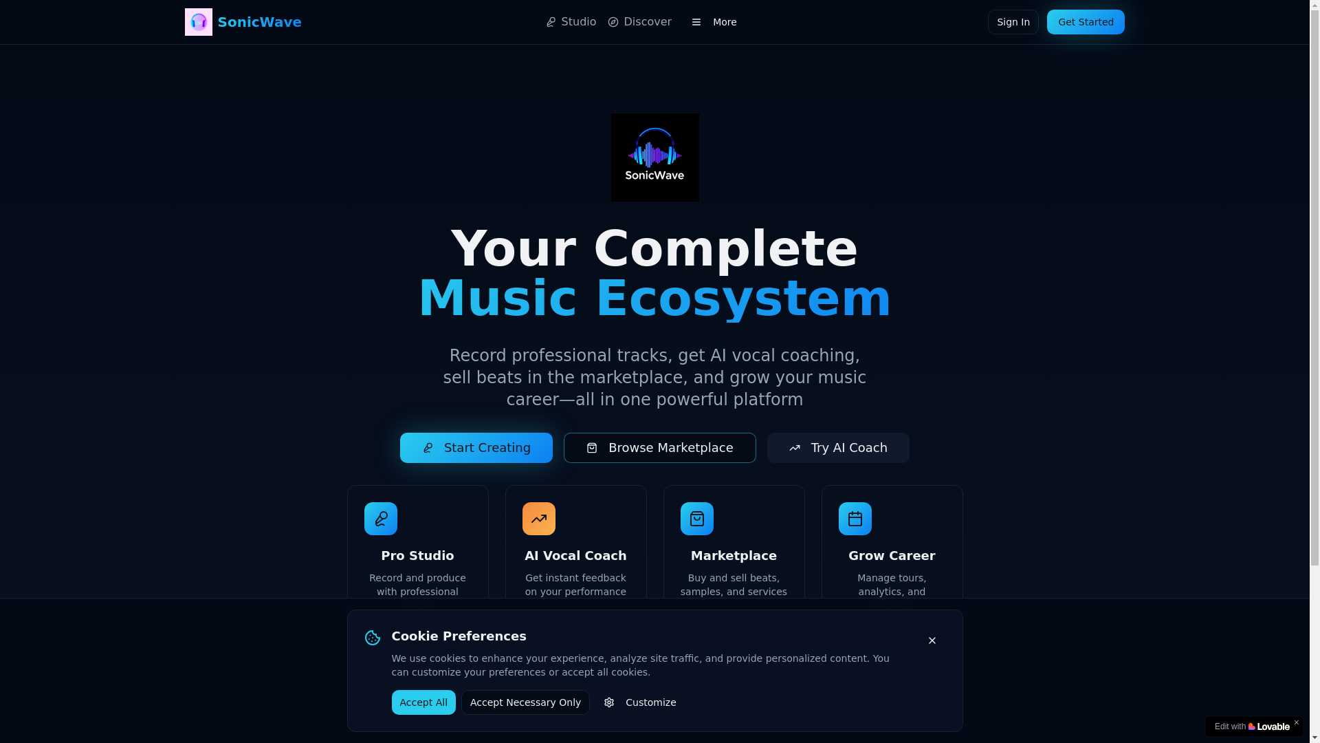 website screenshot of https://sonicwaveco.com/
