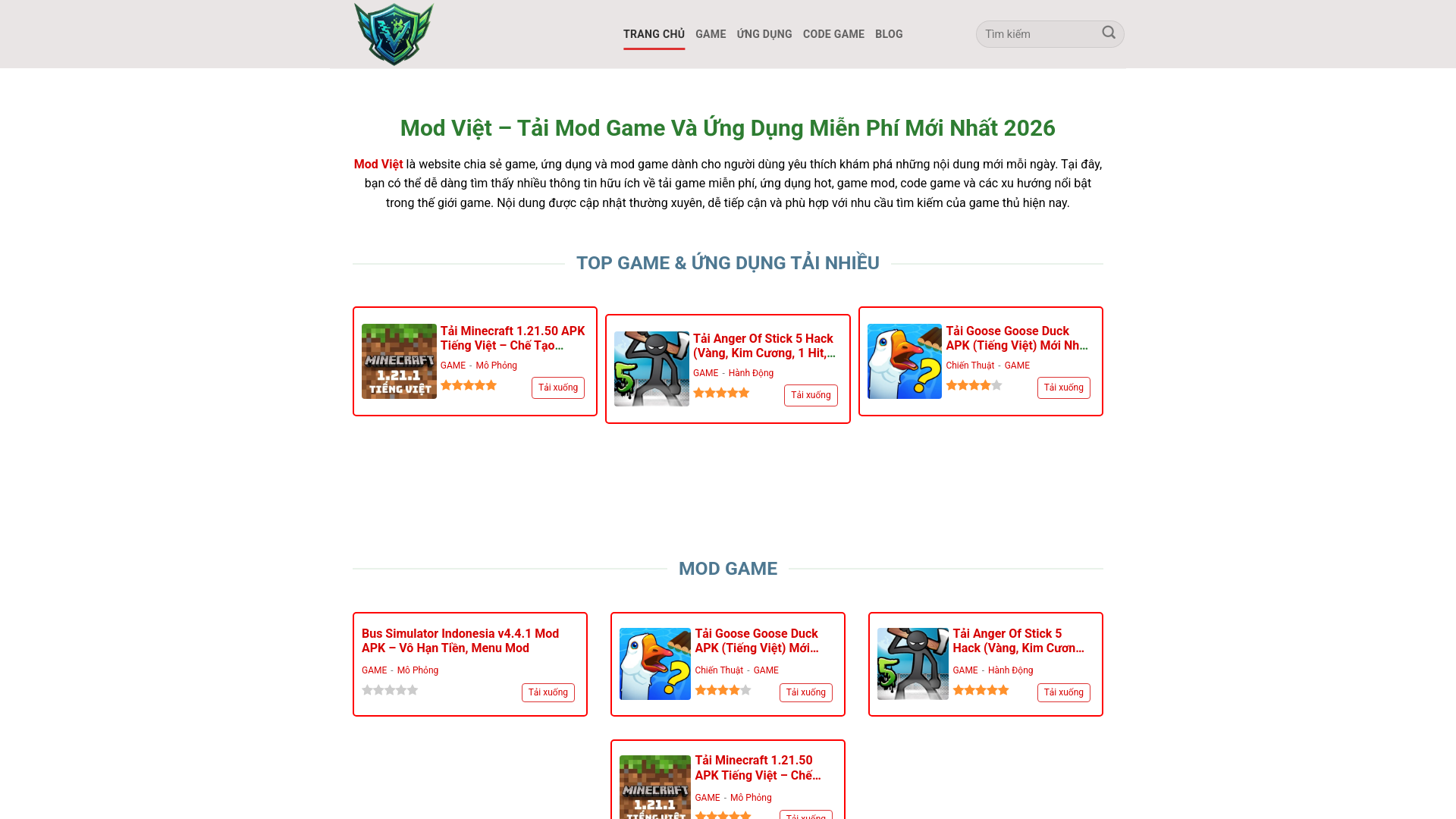 website screenshot of https://modviet.games