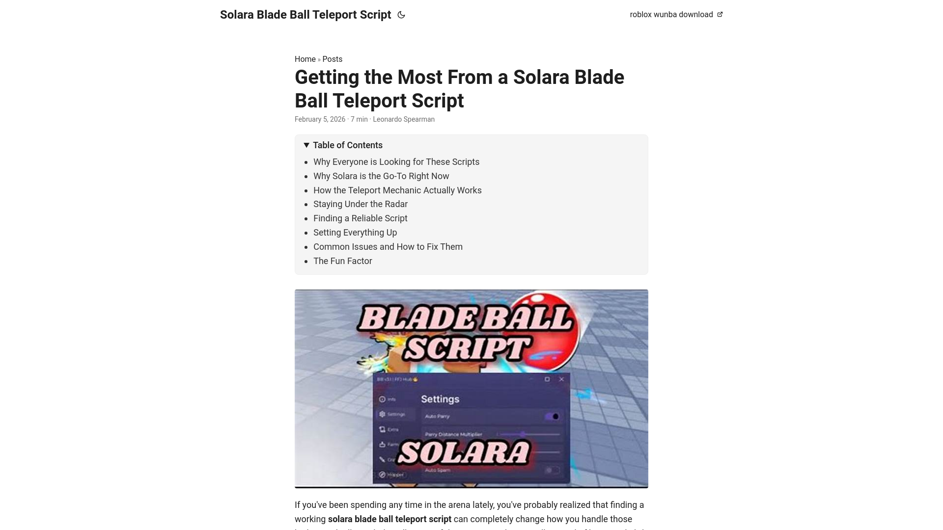 website screenshot of https://solara-blade-ball-teleport-script.pages.dev/