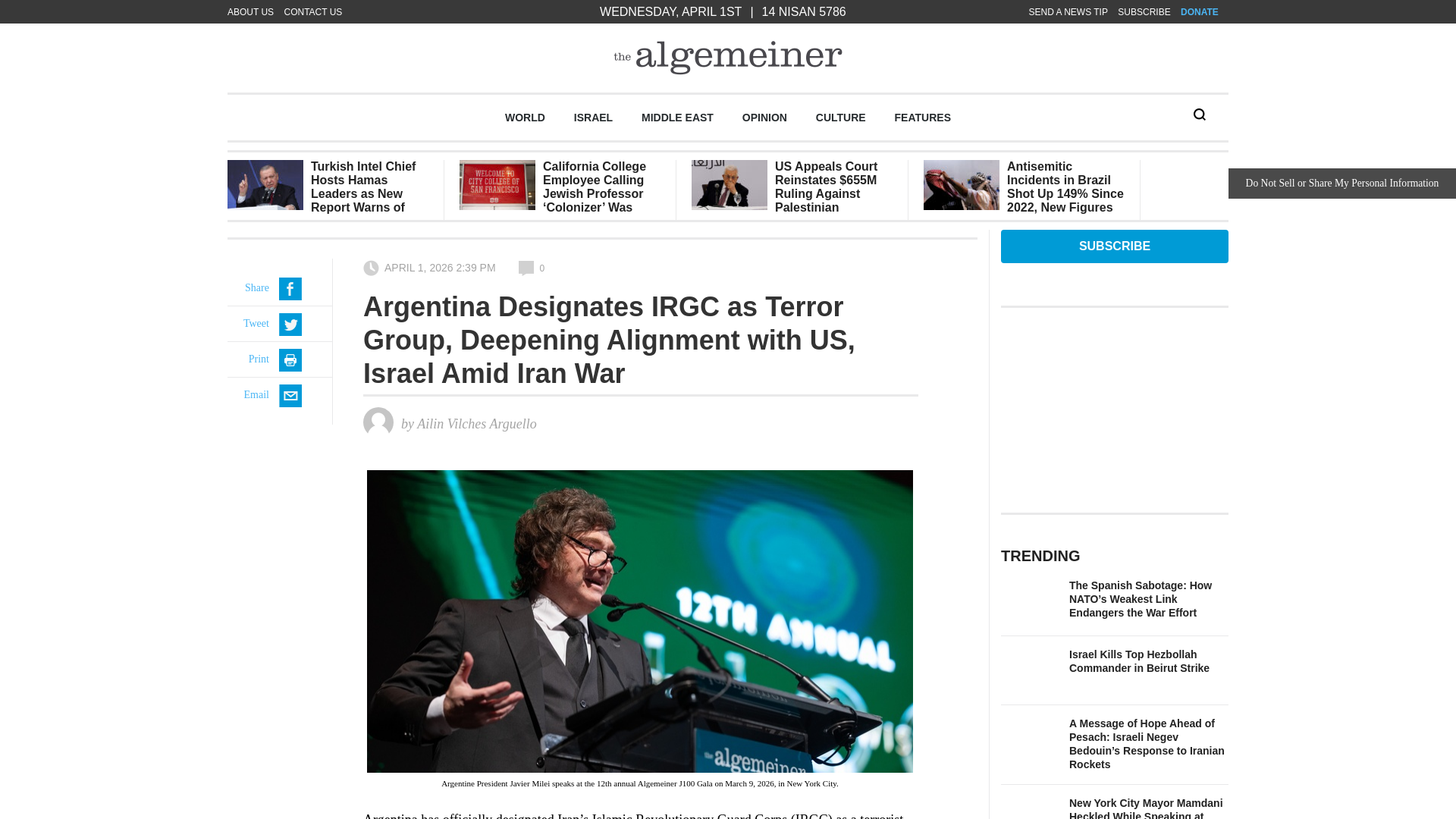 website screenshot of https://www.algemeiner.com/2026/04/01/argentina-designates-irgc-terror-group-deepening-alignment-us-israel-amid-iran-war/