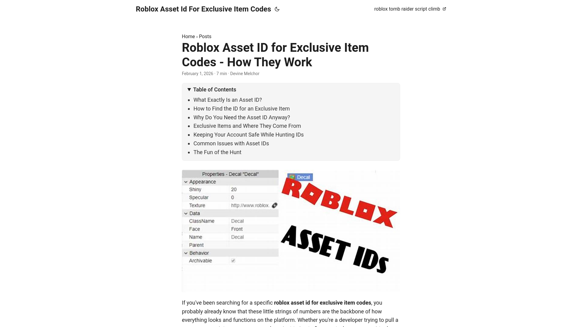 website screenshot of https://roblox-asset-id-for-exclusive-item-codes.pages.dev/