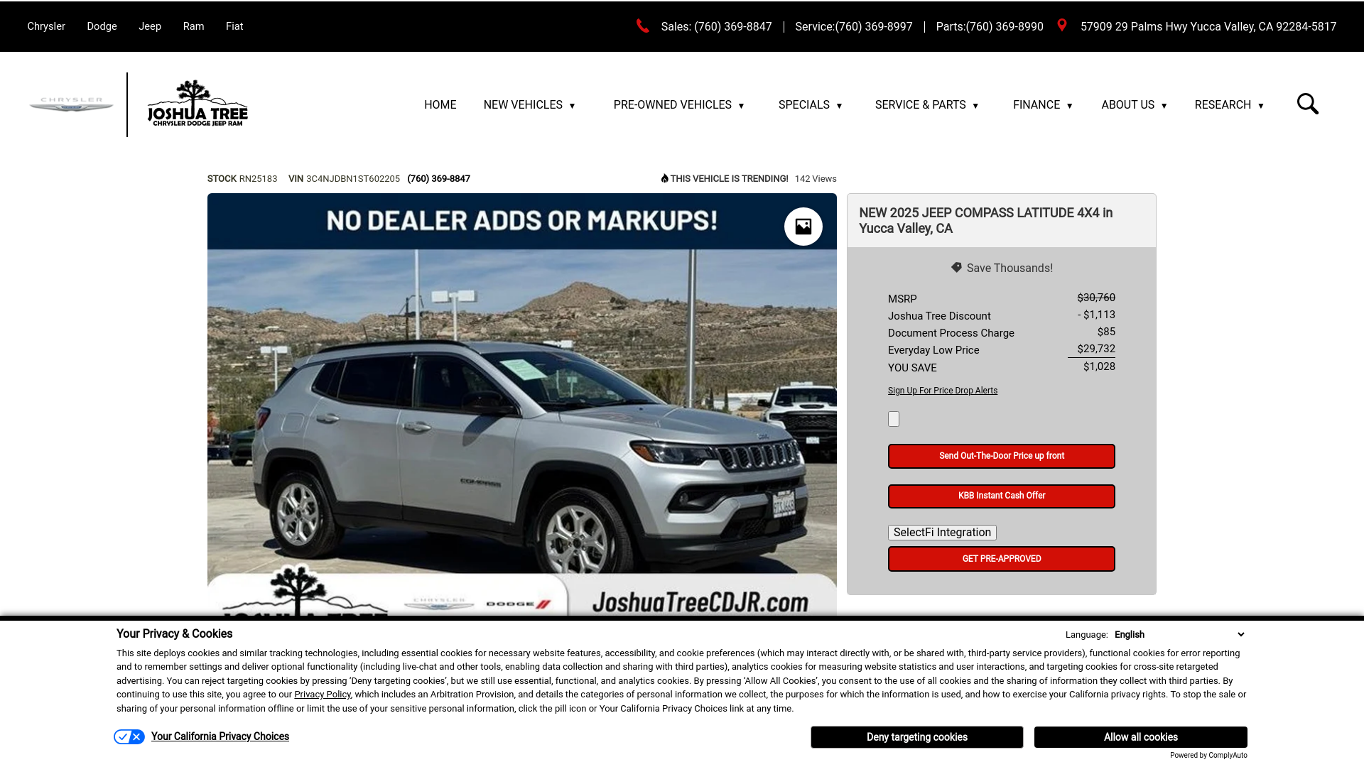 website screenshot of https://www.joshuatreecdjr.com/auto/*/105970333?store={store_code}