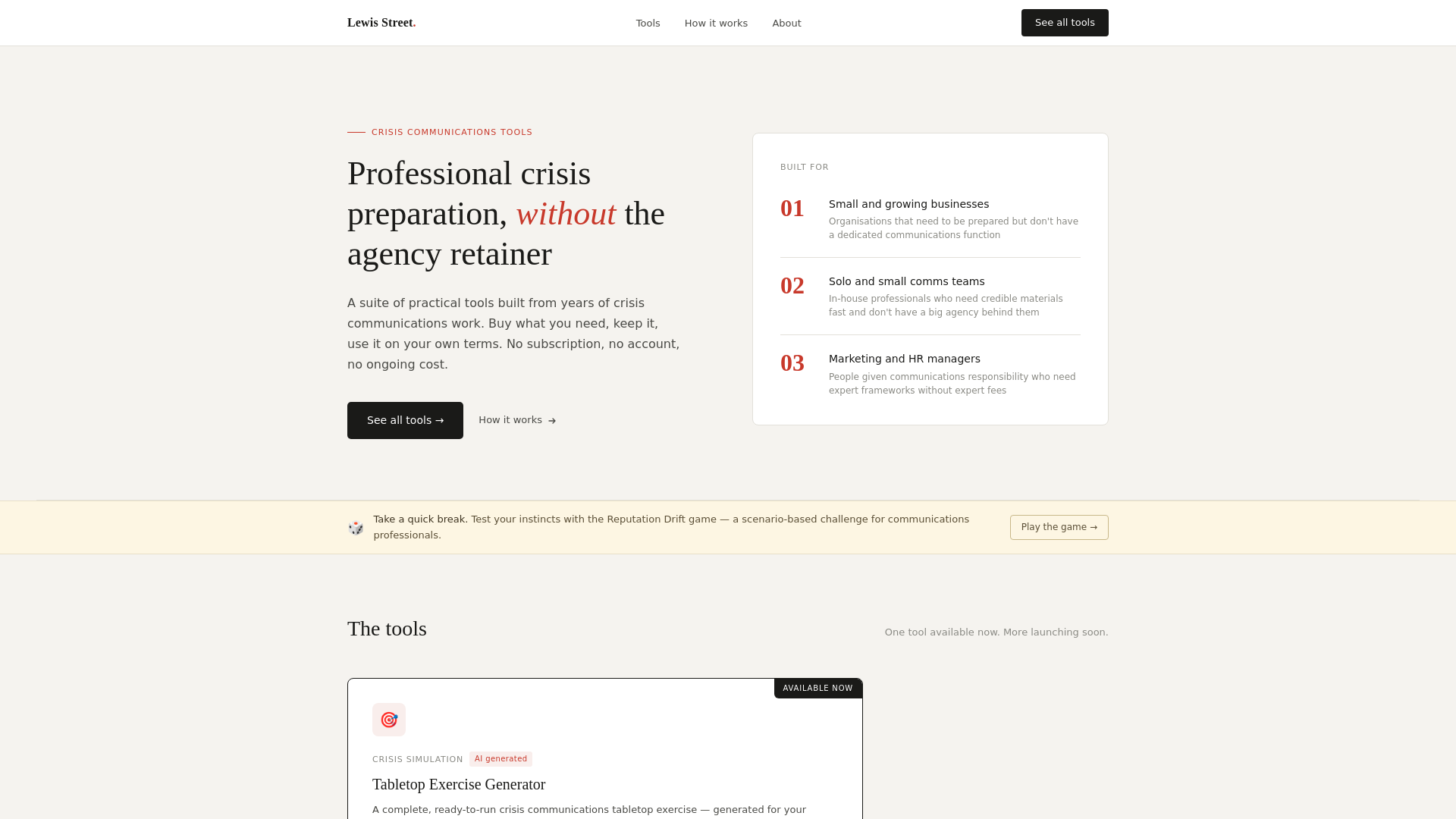 website screenshot of https://lewisstreetcommstools.com/