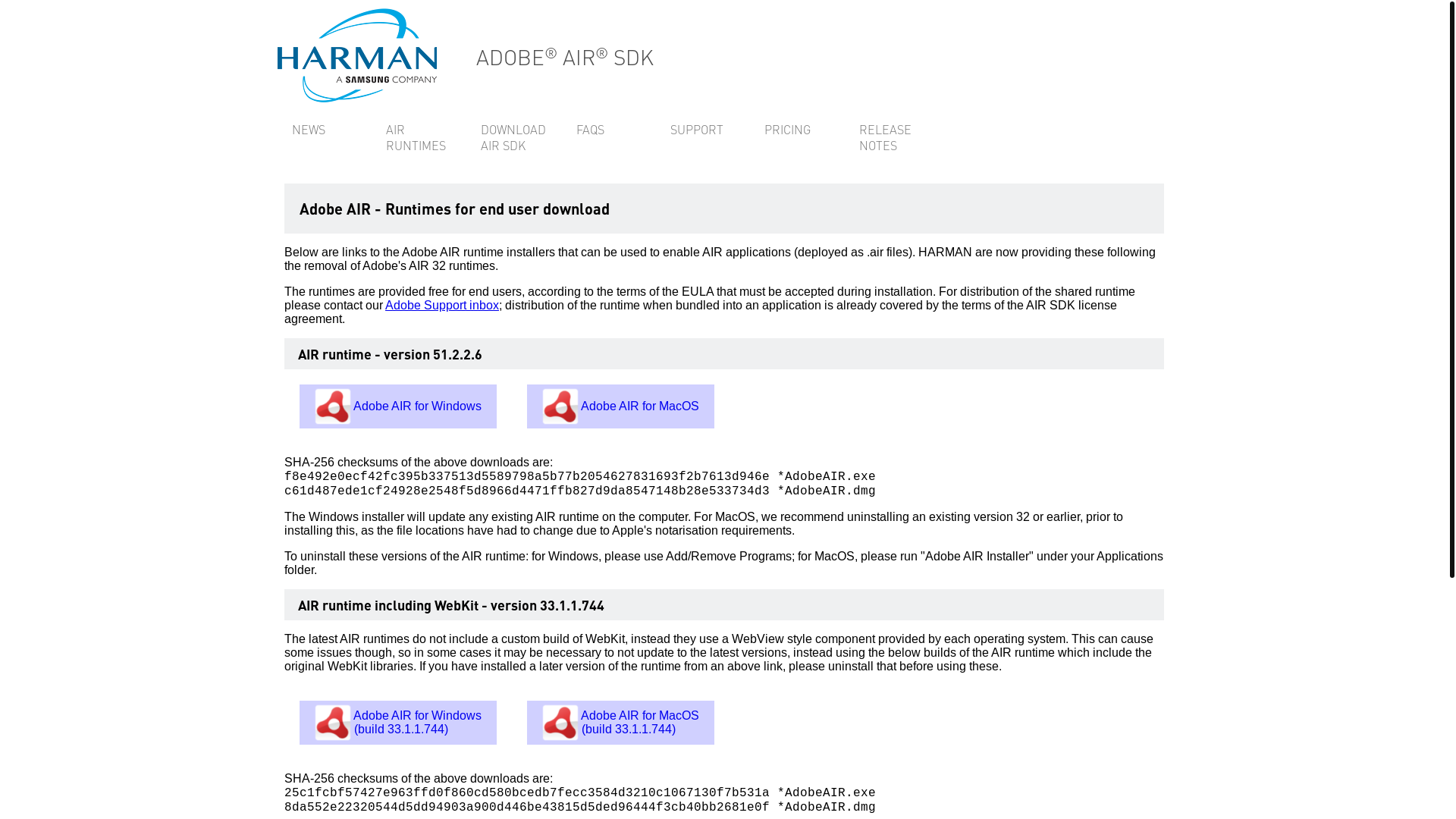 website screenshot of https://airsdk.harman.com/runtime