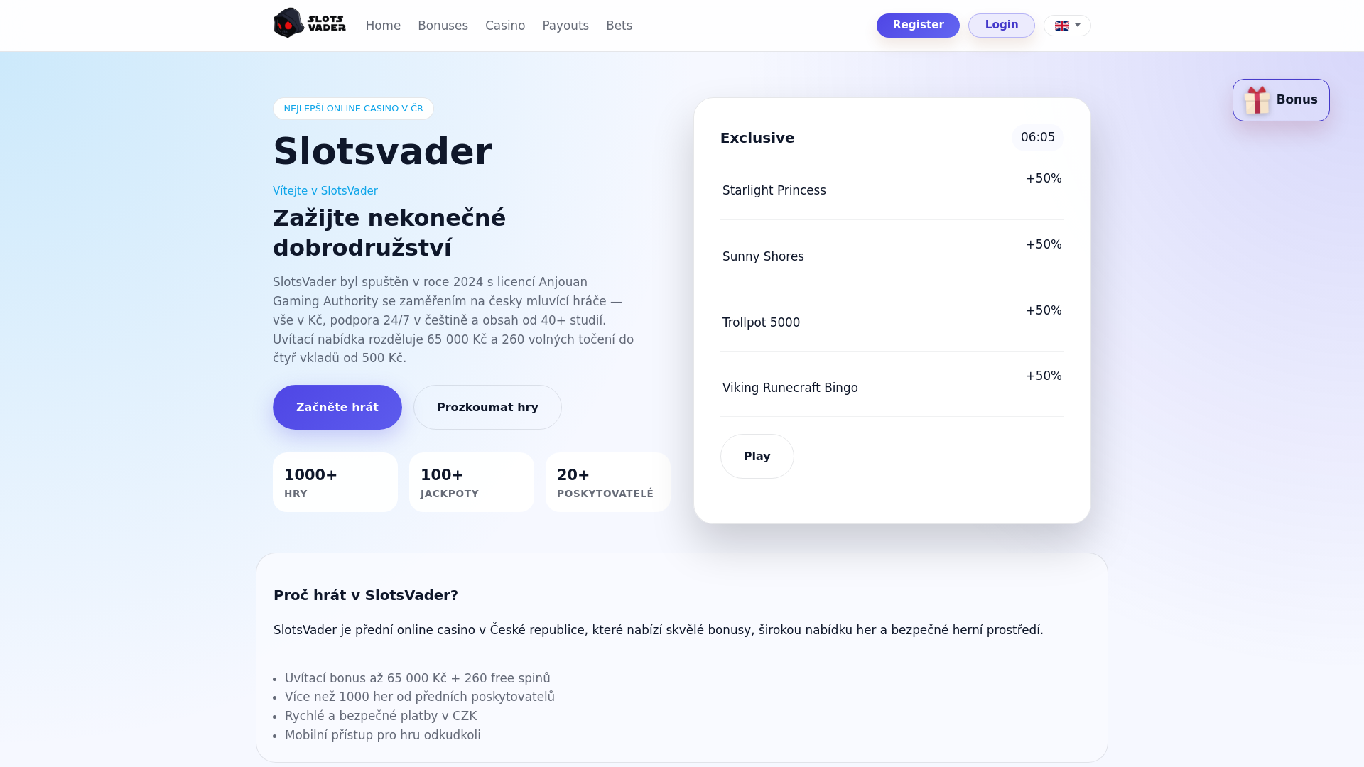 website screenshot of https://cz-slotsvadercasino.com