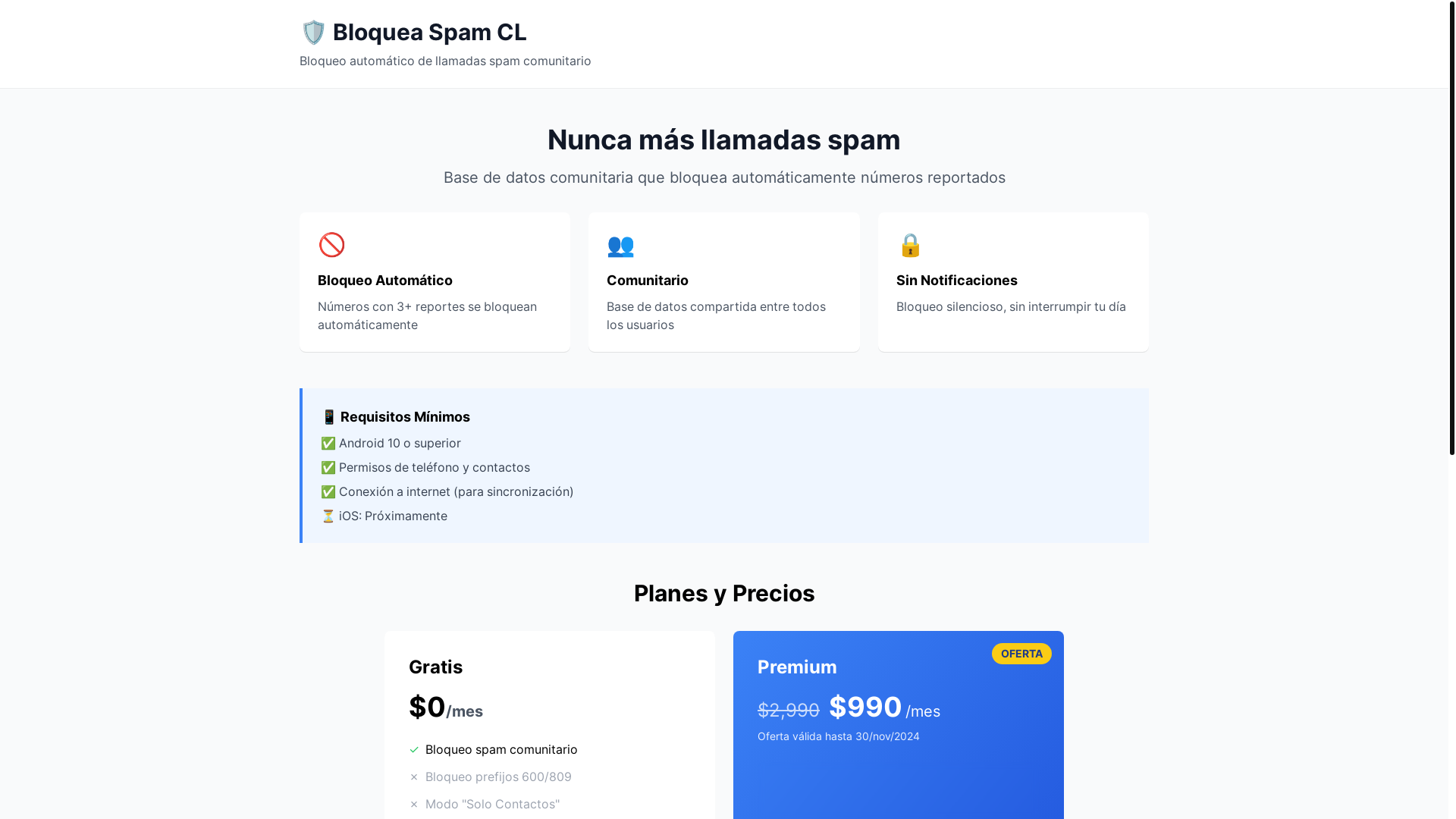 website screenshot of https://bloqueaspamcl-landing.pages.dev/