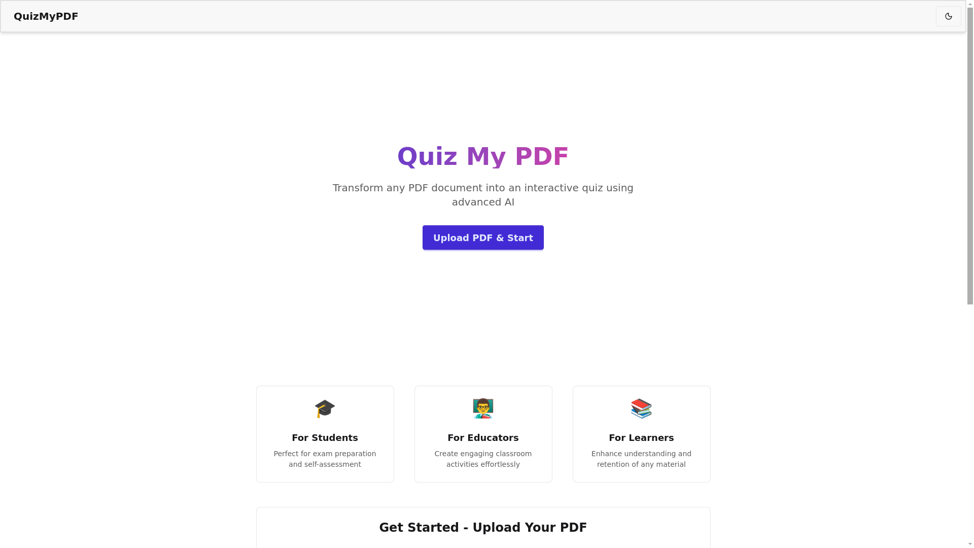 website screenshot of https://quiz-my-pdf.vercel.app/start