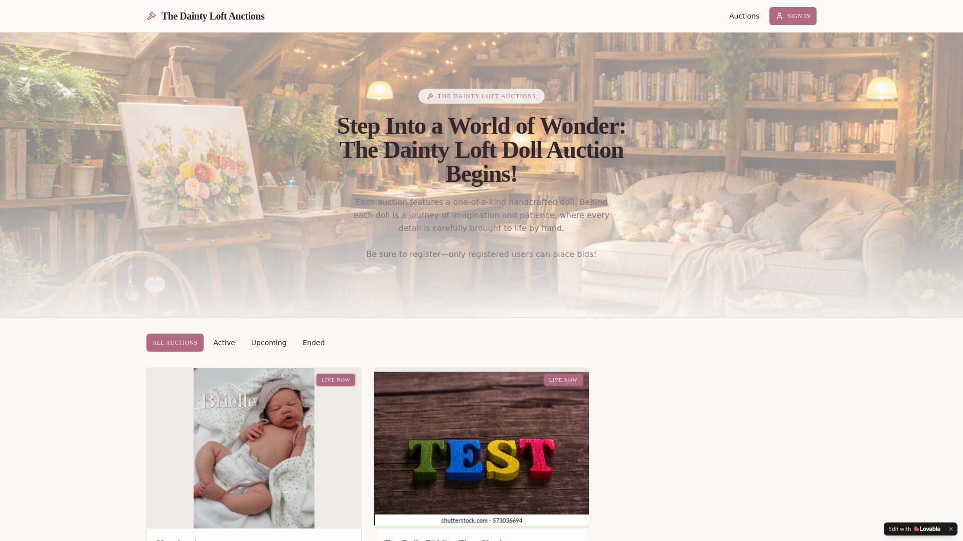 website screenshot of https://thedaintyloftauctions.com/