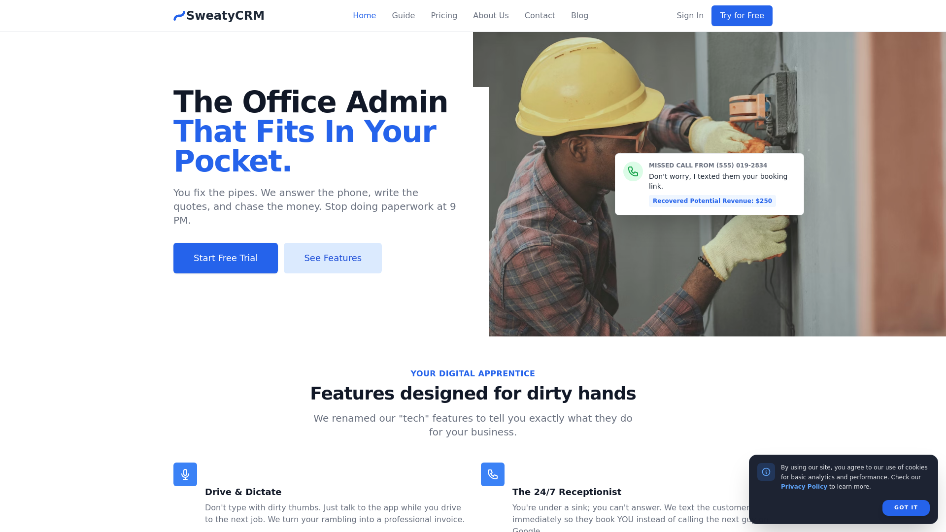website screenshot of https://getsweatycrm.com