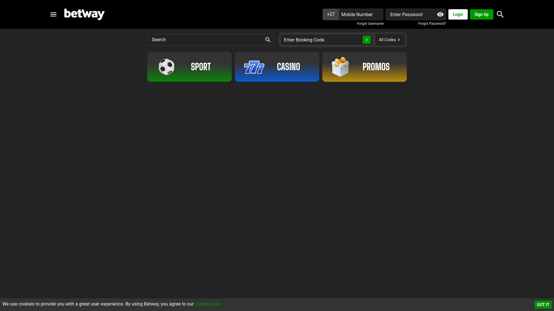 website screenshot of https://www.betway.co.za