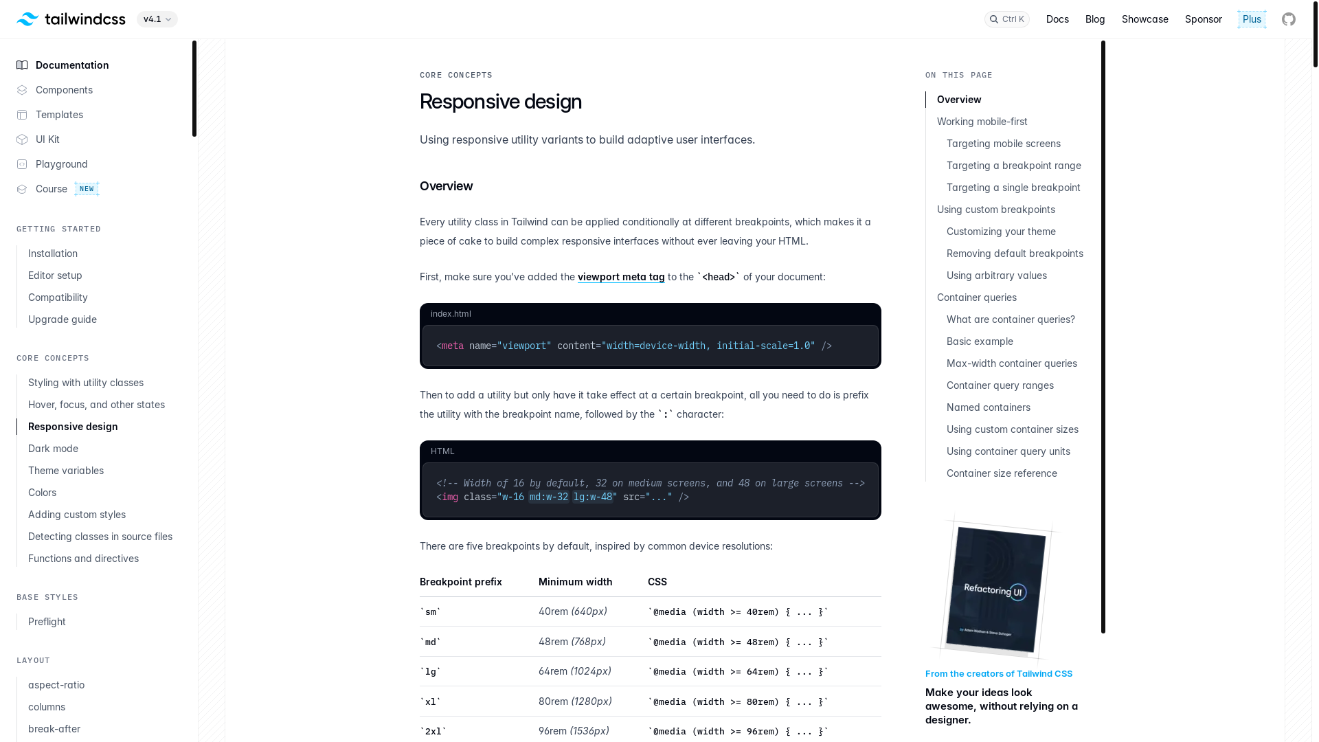 website screenshot of https://tailwindcss.com/docs/responsive-design