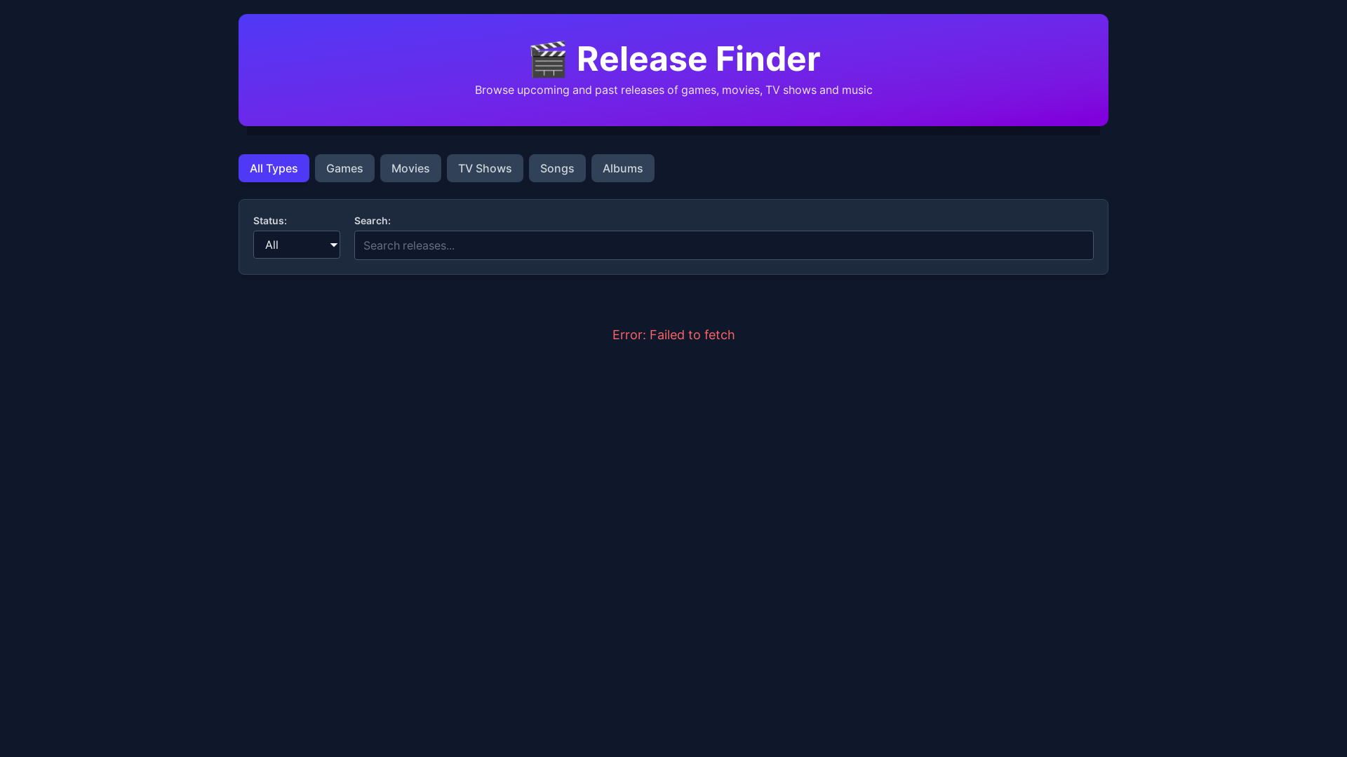 website screenshot of https://release-finder-staging.pages.dev/
