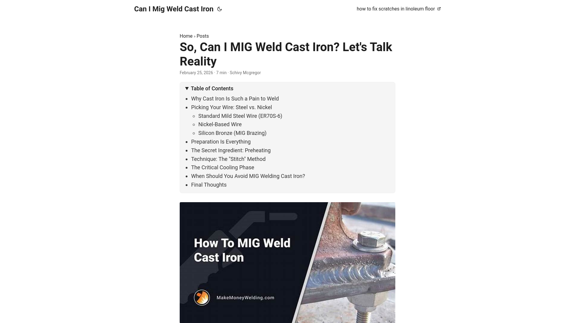 website screenshot of https://can-i-mig-weld-cast-iron.pages.dev/