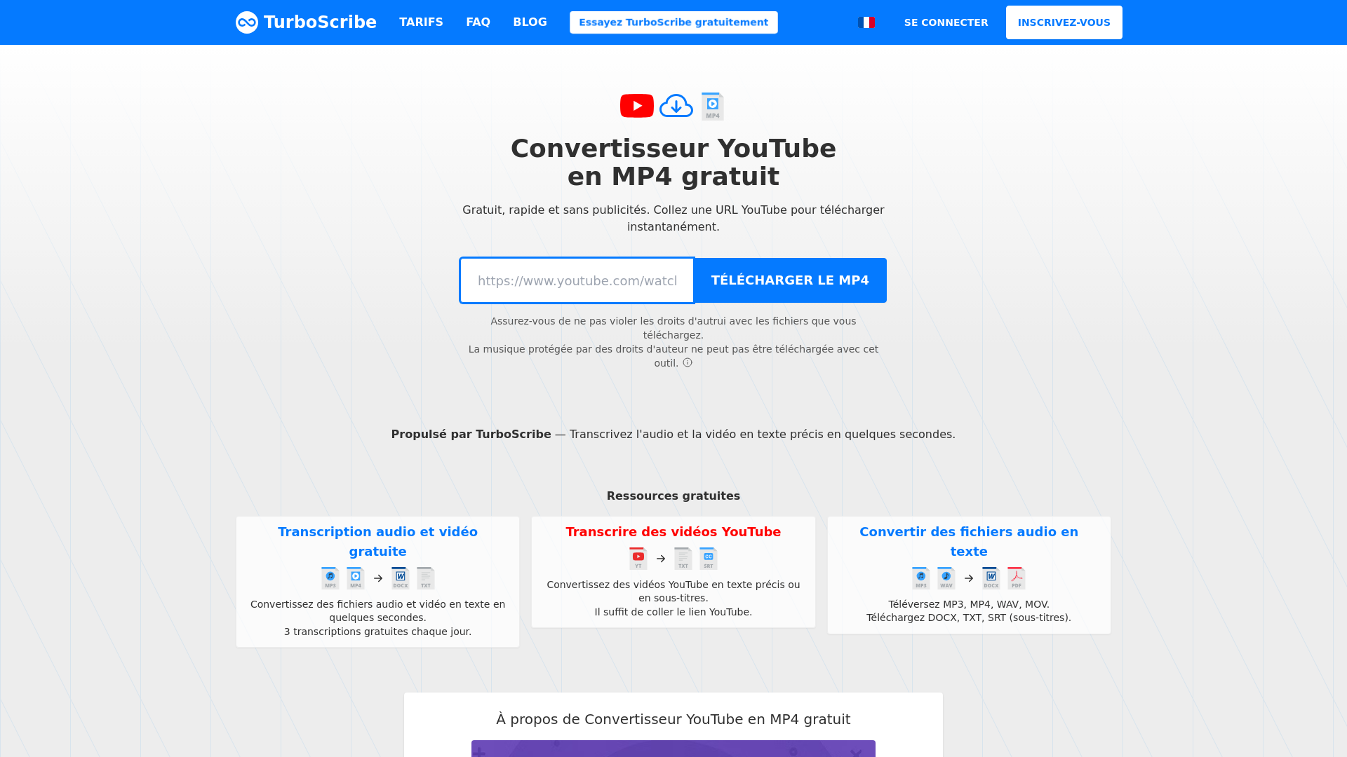 website screenshot of https://turboscribe.ai/fr/downloader/youtube/mp4