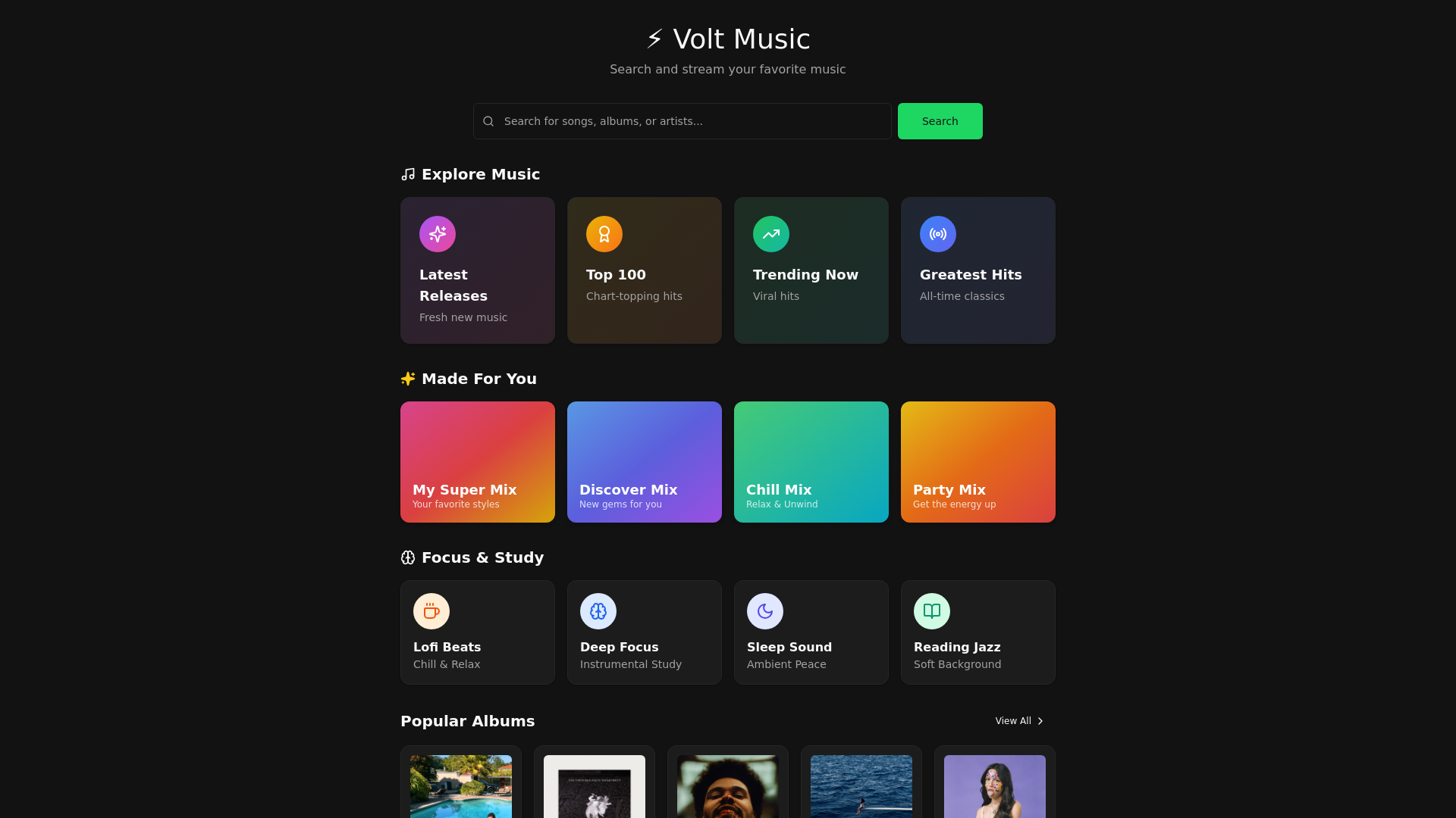 website screenshot of https://volt-music-frontend.pages.dev/