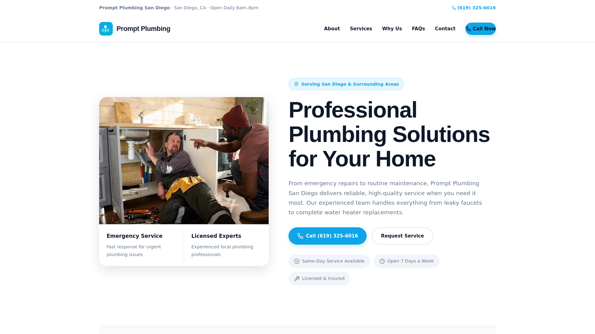 website screenshot of https://promptplumbingsandiego.com/