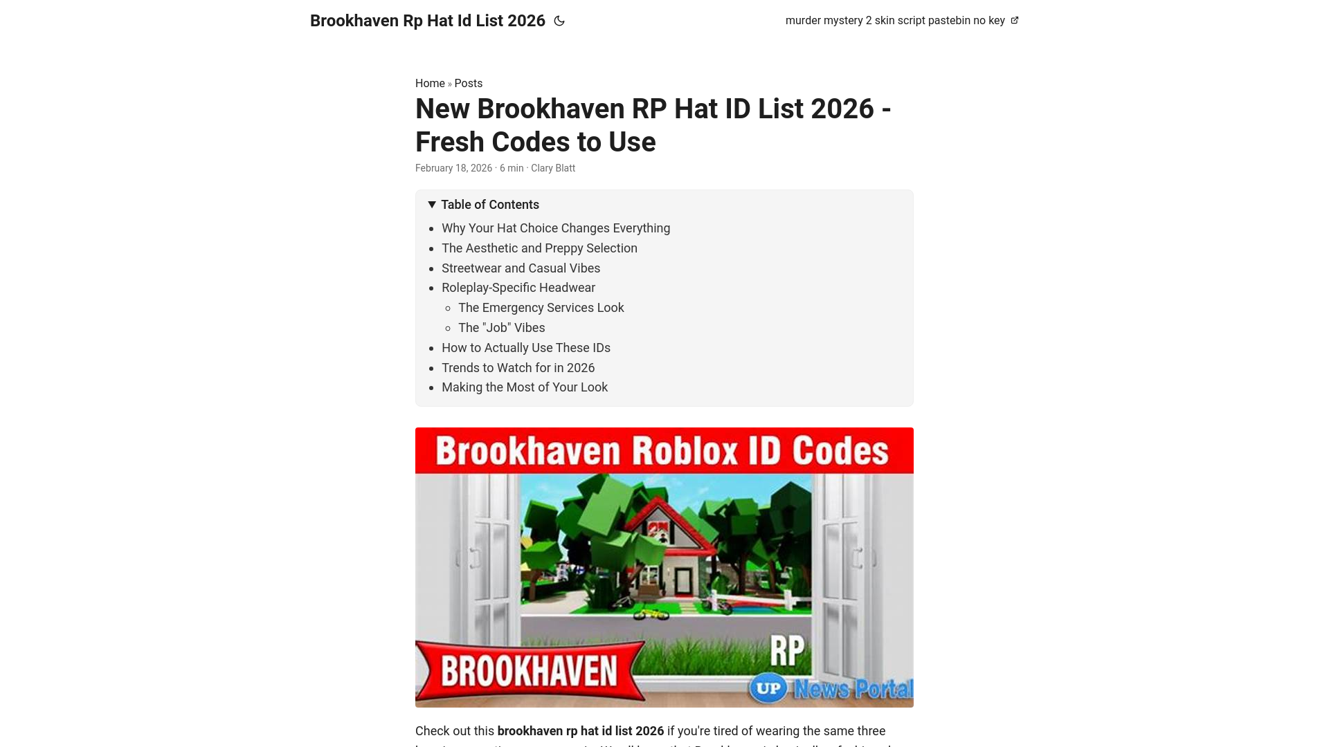 website screenshot of https://brookhaven-rp-hat-id-list-2026.pages.dev/