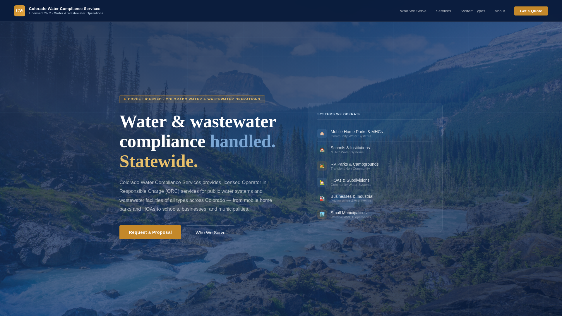 website screenshot of https://cowatercompliance.com/