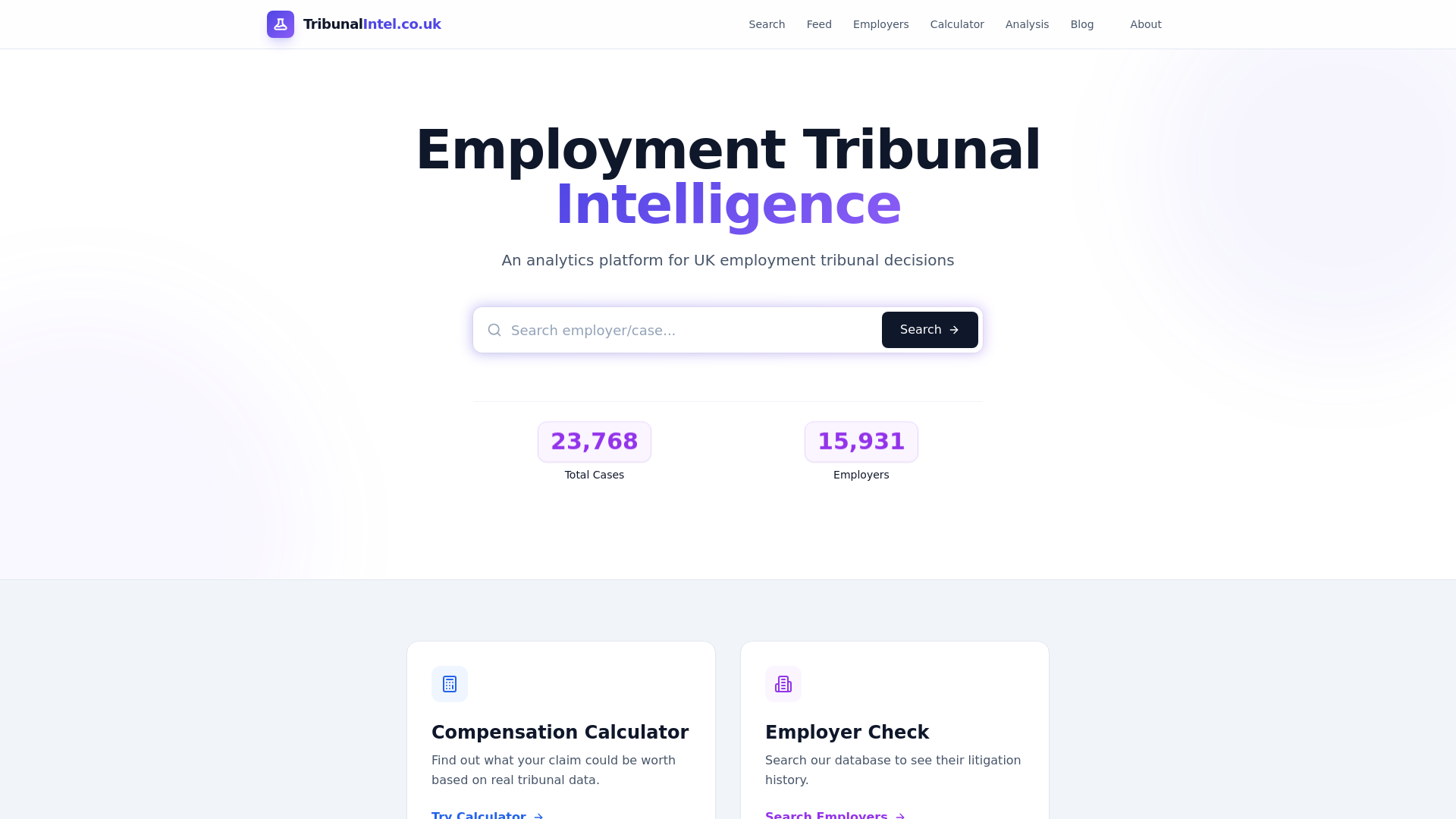 website screenshot of https://tribunalintel.co.uk/