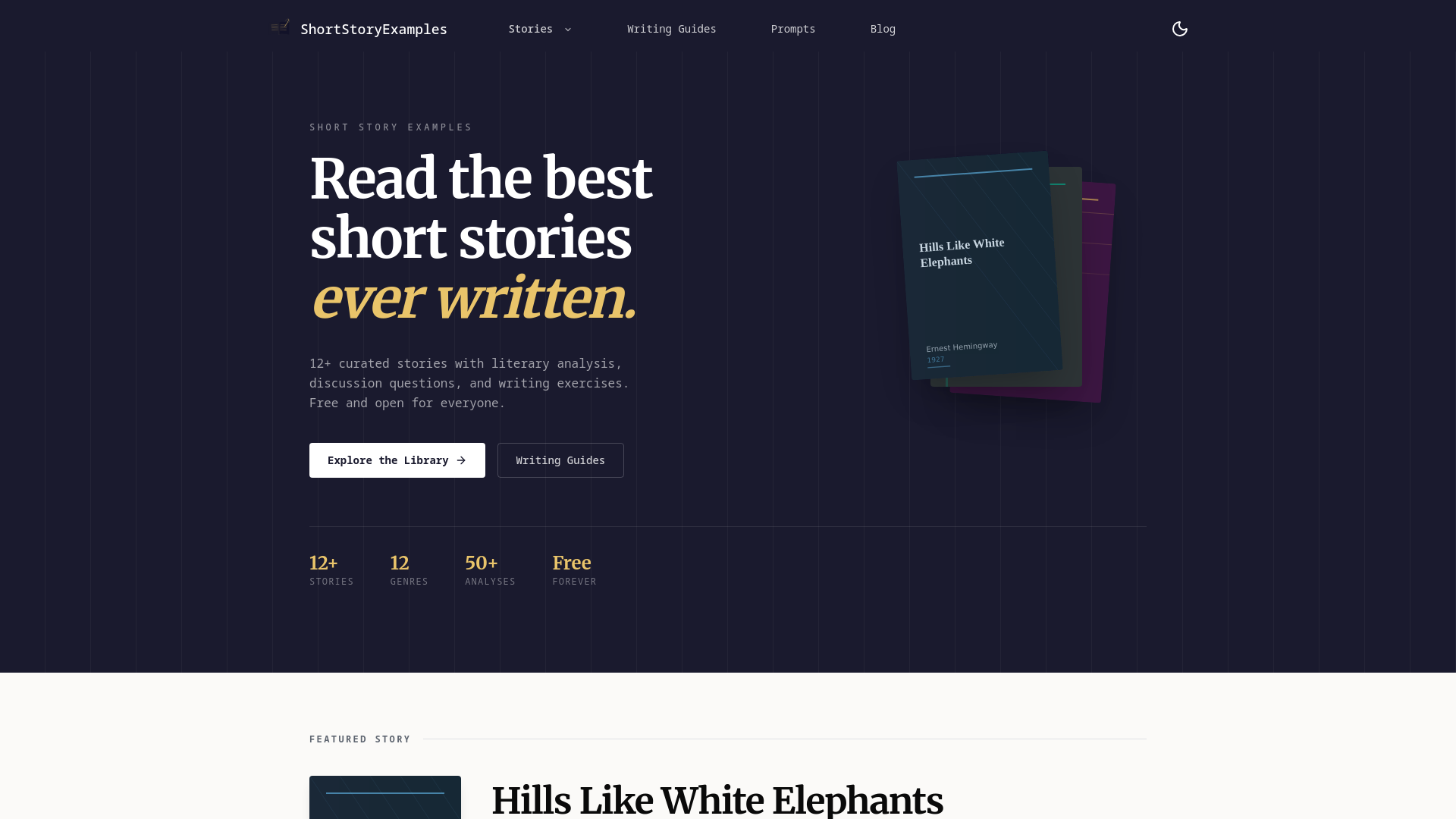 website screenshot of https://shortstoryexamples.net