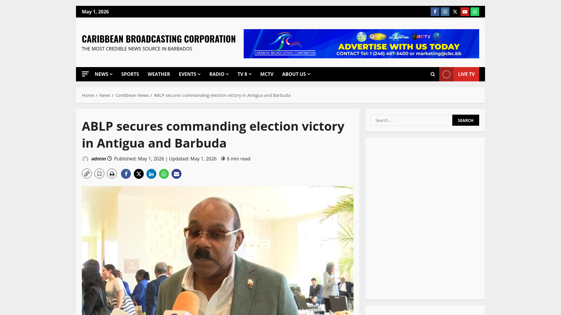 website screenshot of https://www.cbc.bb/main-stories/ablp-secures-commanding-election-victory-in-antigua-and-barbuda/