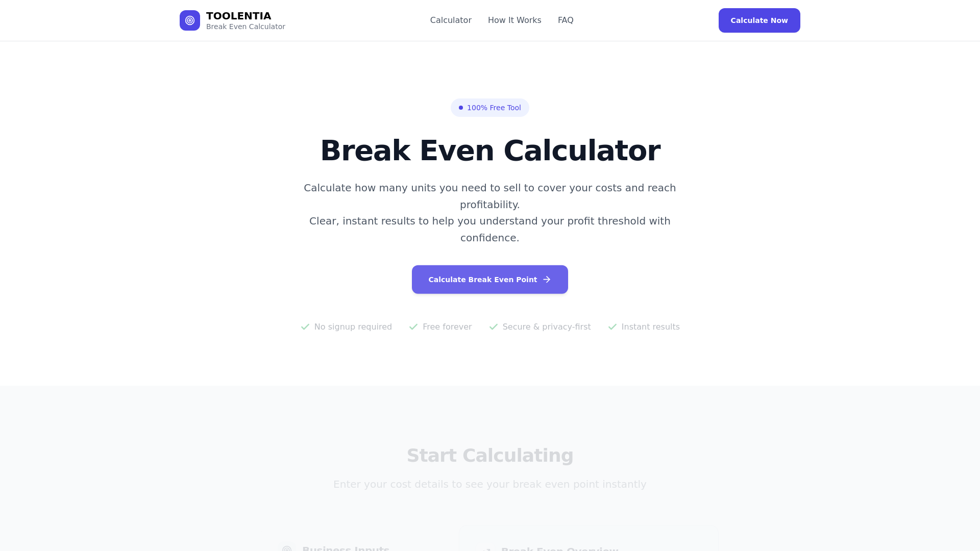 website screenshot of https://toolentiabreakevencalculator.com