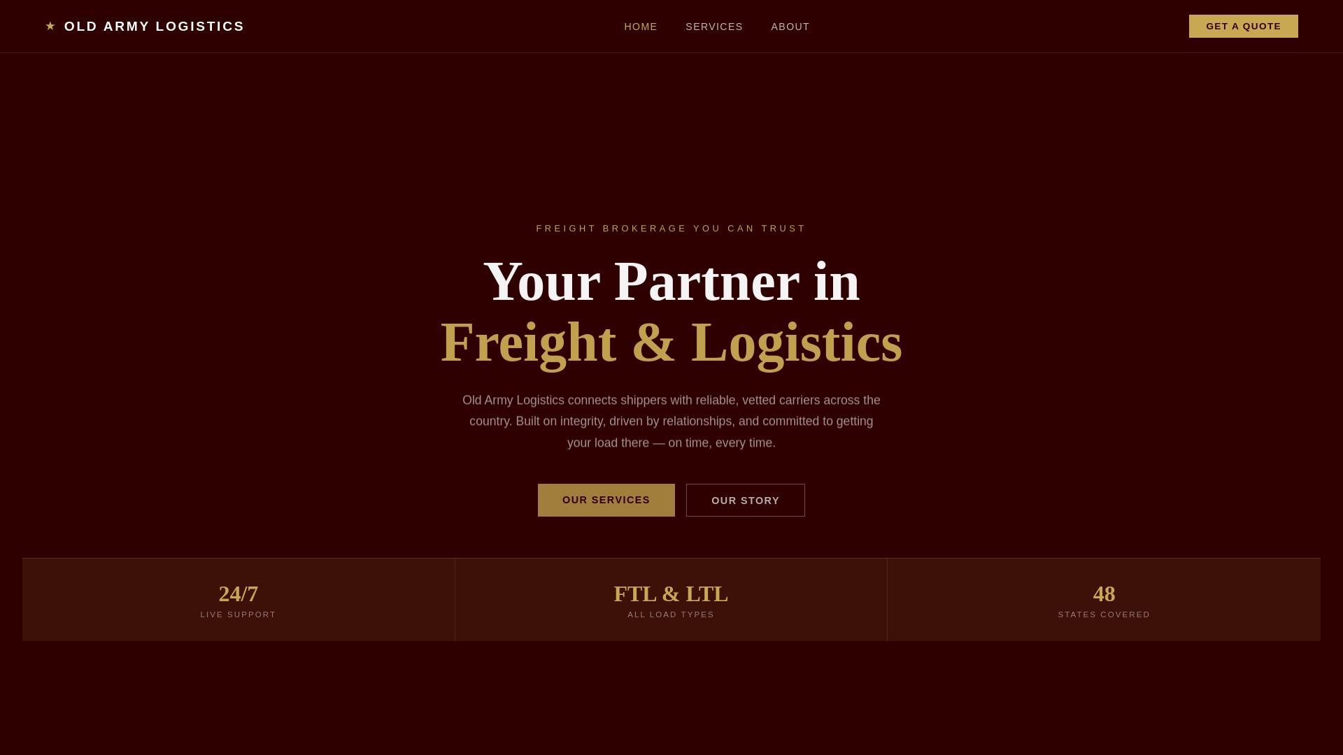 website screenshot of https://oldarmylogistics.com/