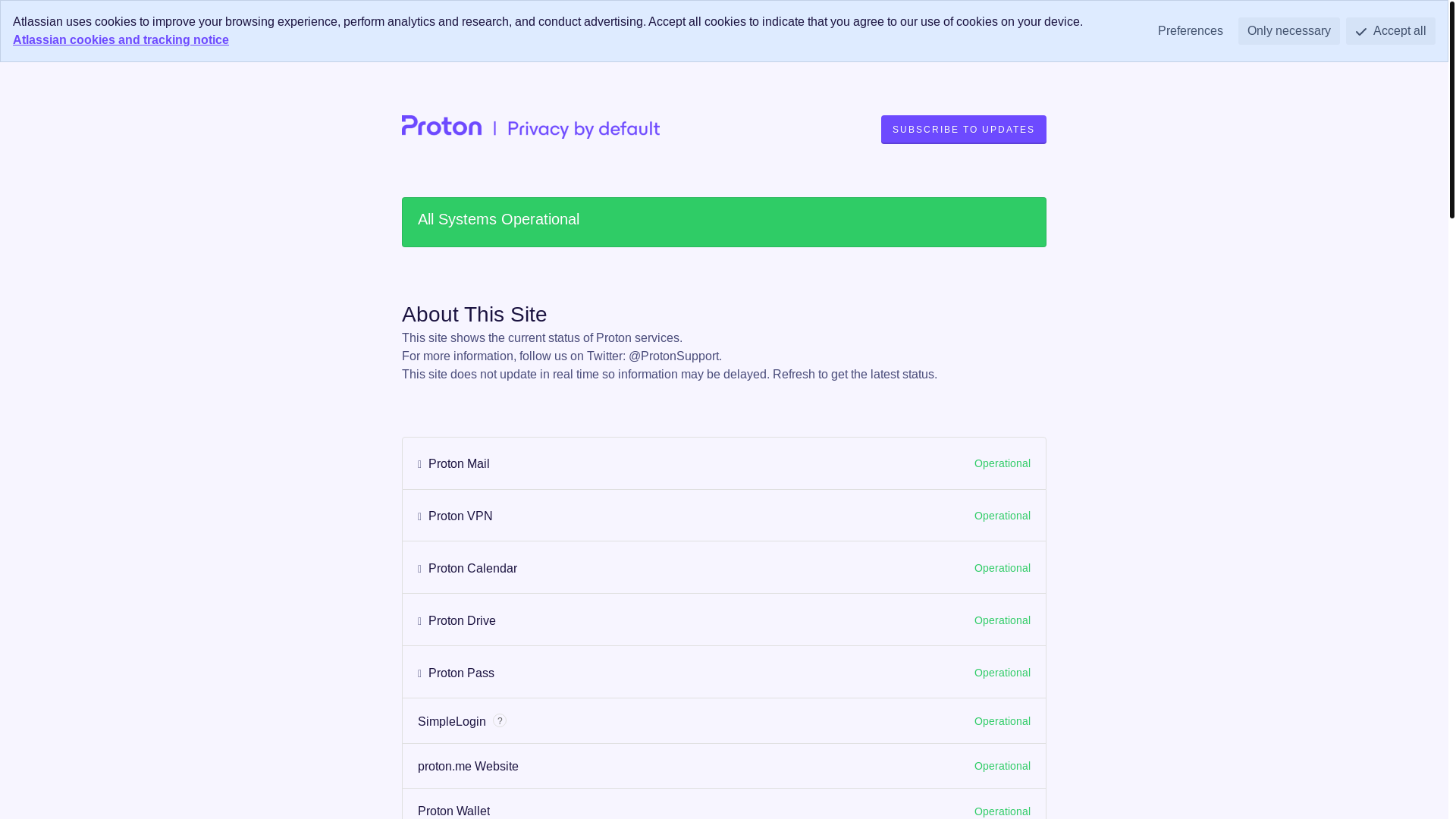 website screenshot of https://status.proton.me/