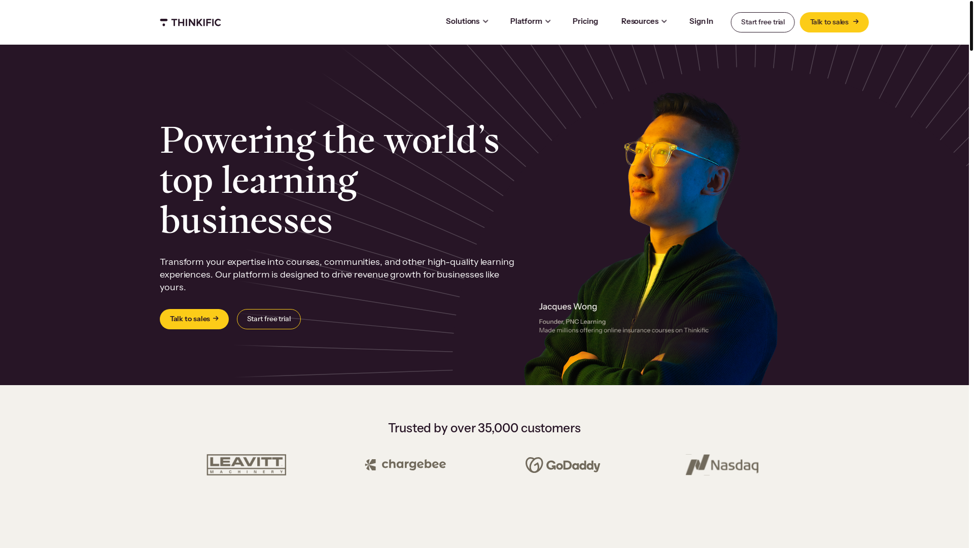website screenshot of https://connectwiththinkific.com/
