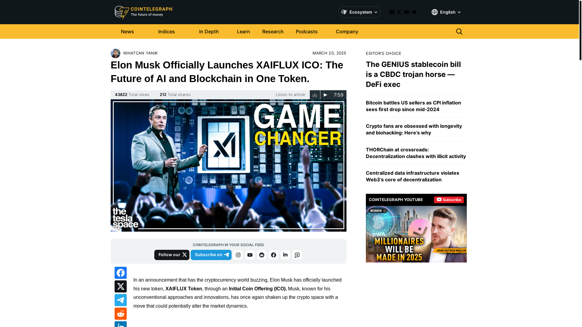 website screenshot of https://xaiflux-cointelegraph.com/