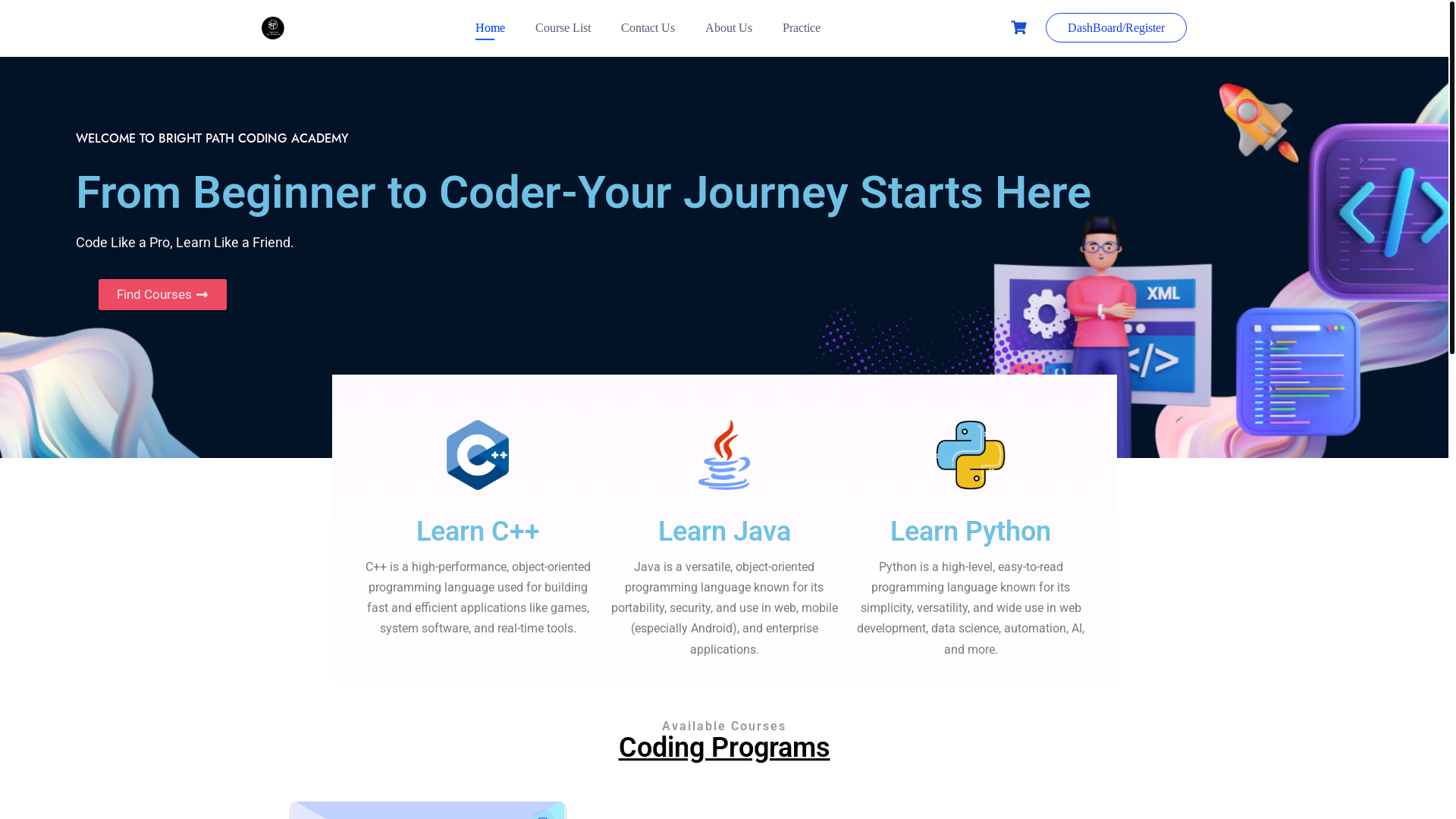 website screenshot of https://brightpathacademyindia.com/