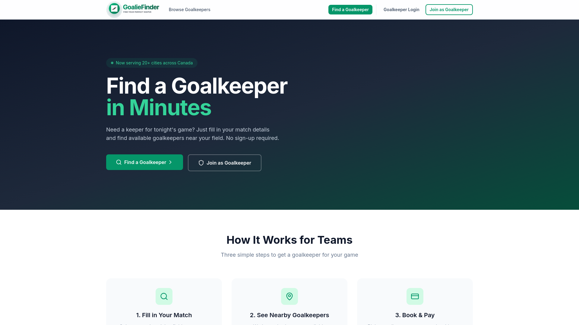 website screenshot of https://goaliefinders.com/