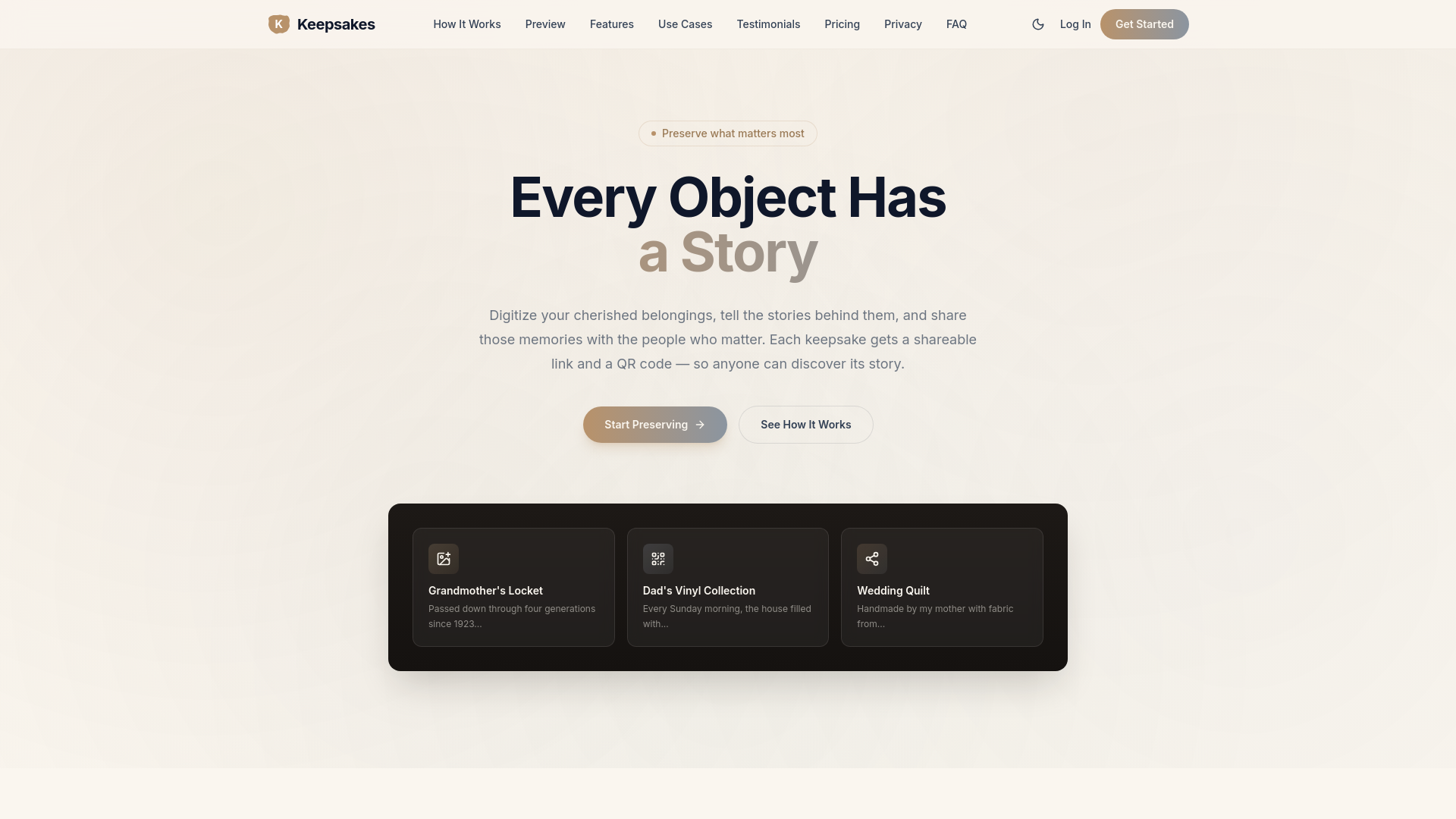 website screenshot of https://keepsakes.online