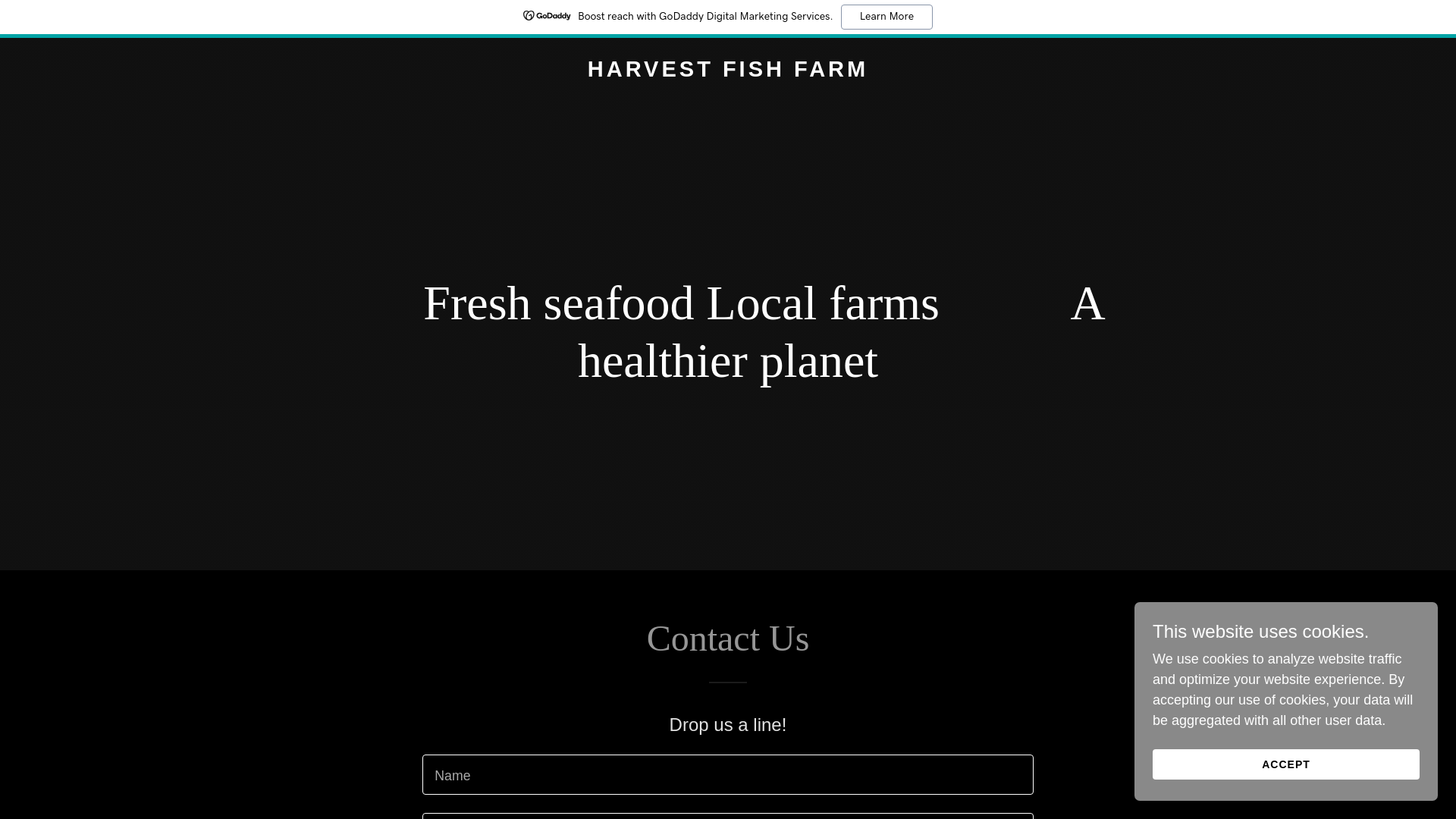 website screenshot of https://harvestfishfarm.com/