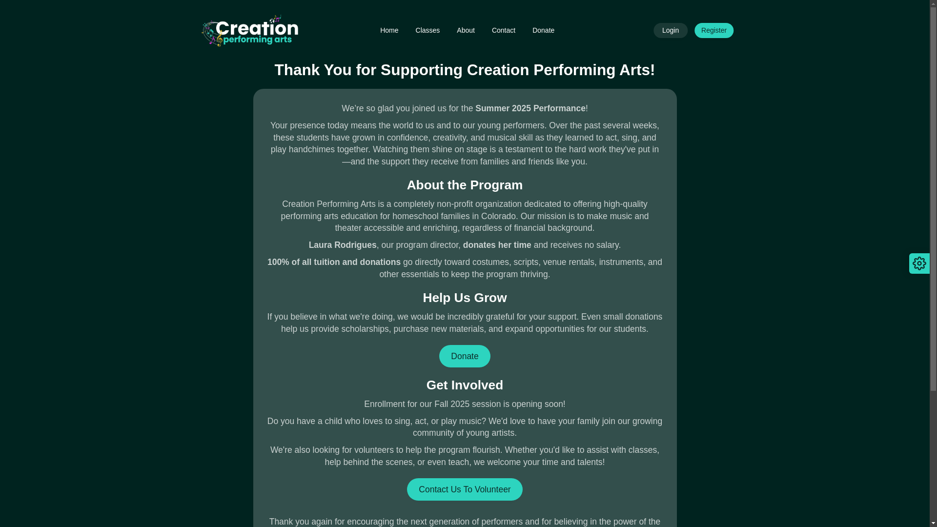 website screenshot of https://creationperformarts.com/