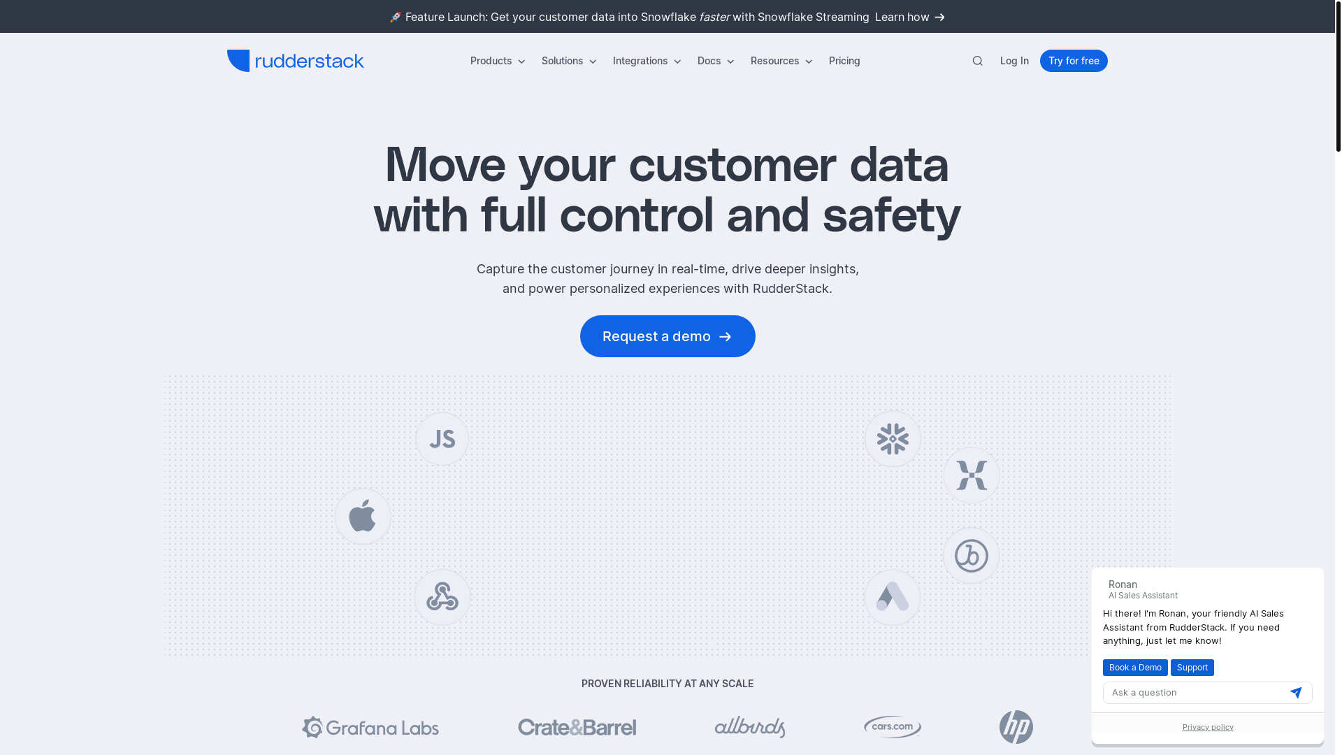 website screenshot of https://rudderstack.com