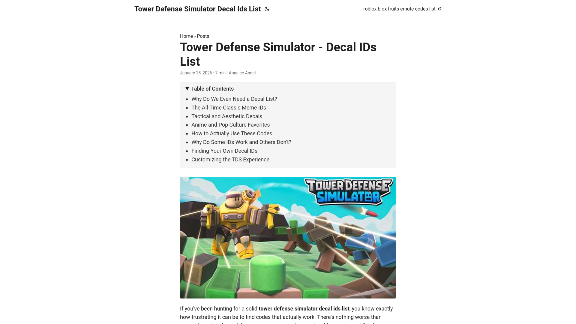 website screenshot of https://towerdefensesimulatordecalidslist.pages.dev/