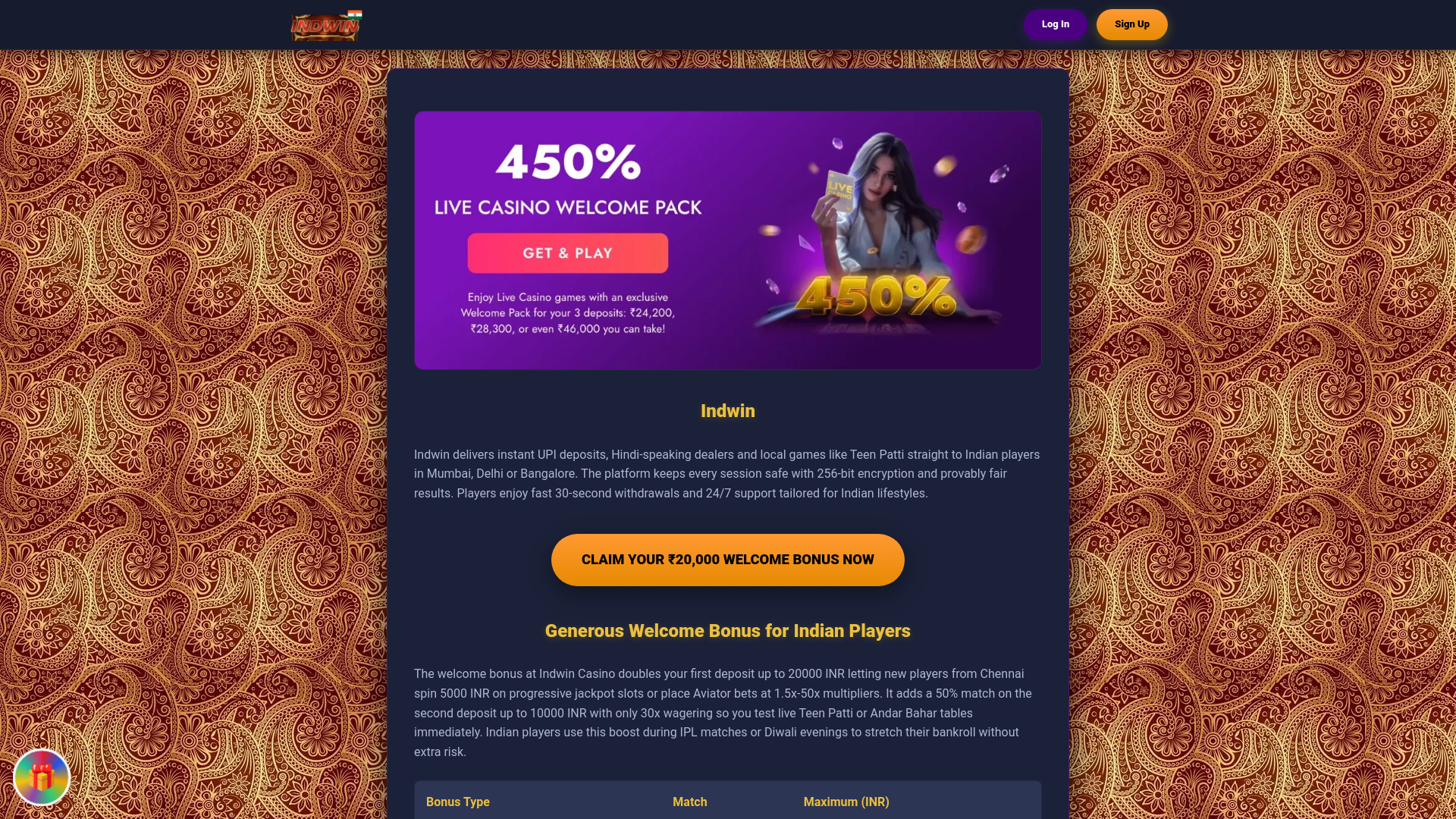 website screenshot of https://indwin-casinoin.com/