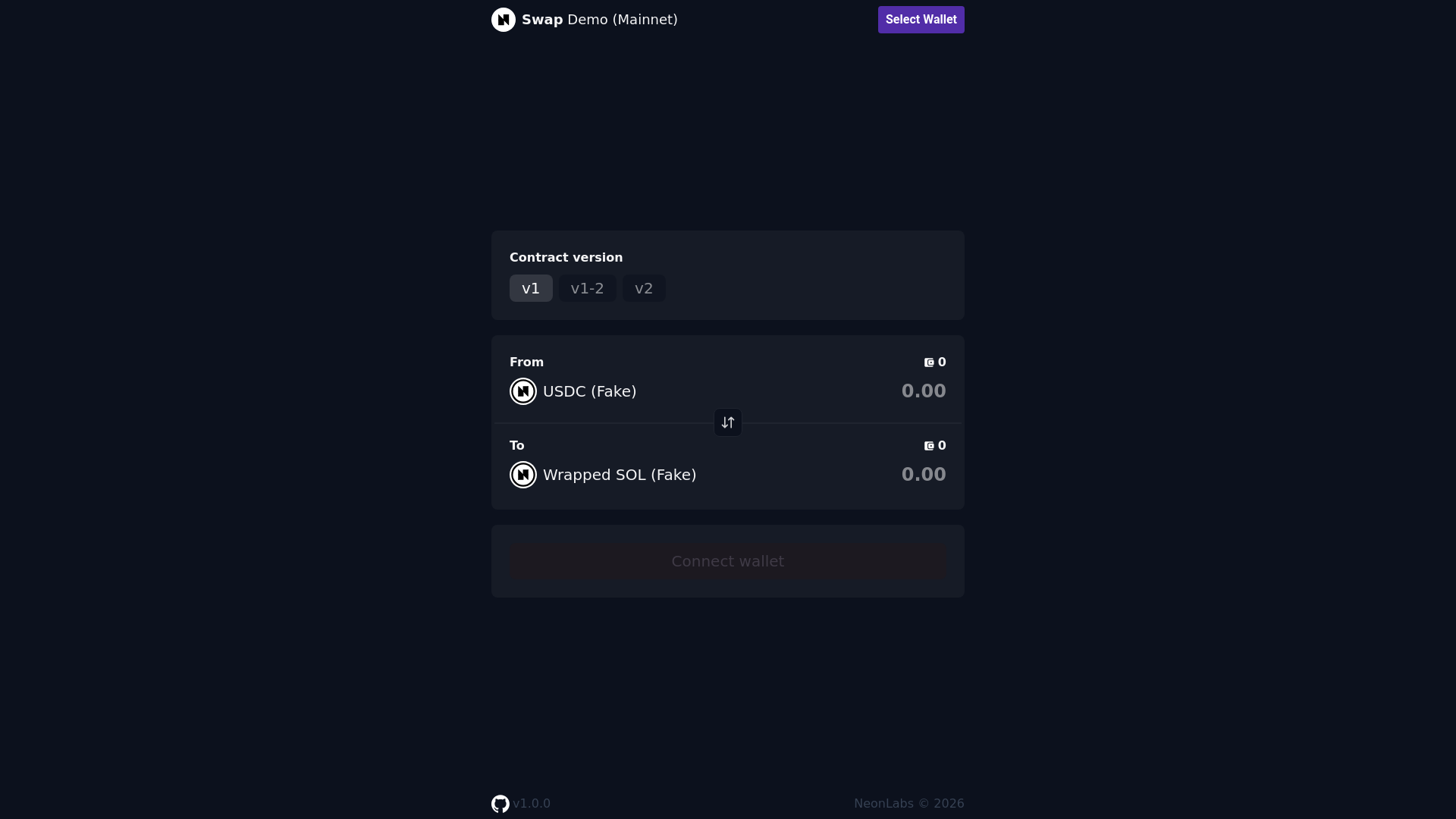 website screenshot of https://mainnet-neon-solana-native-swap-demo.neontest.xyz/