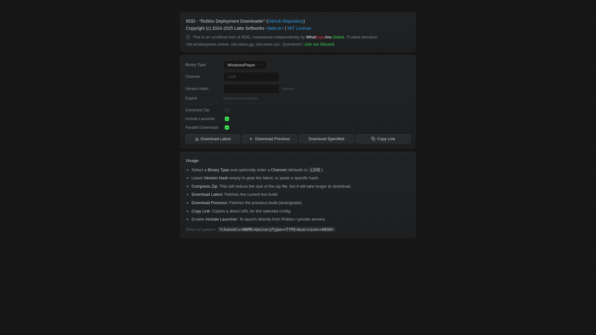 website screenshot of https://rdd.weao.gg/