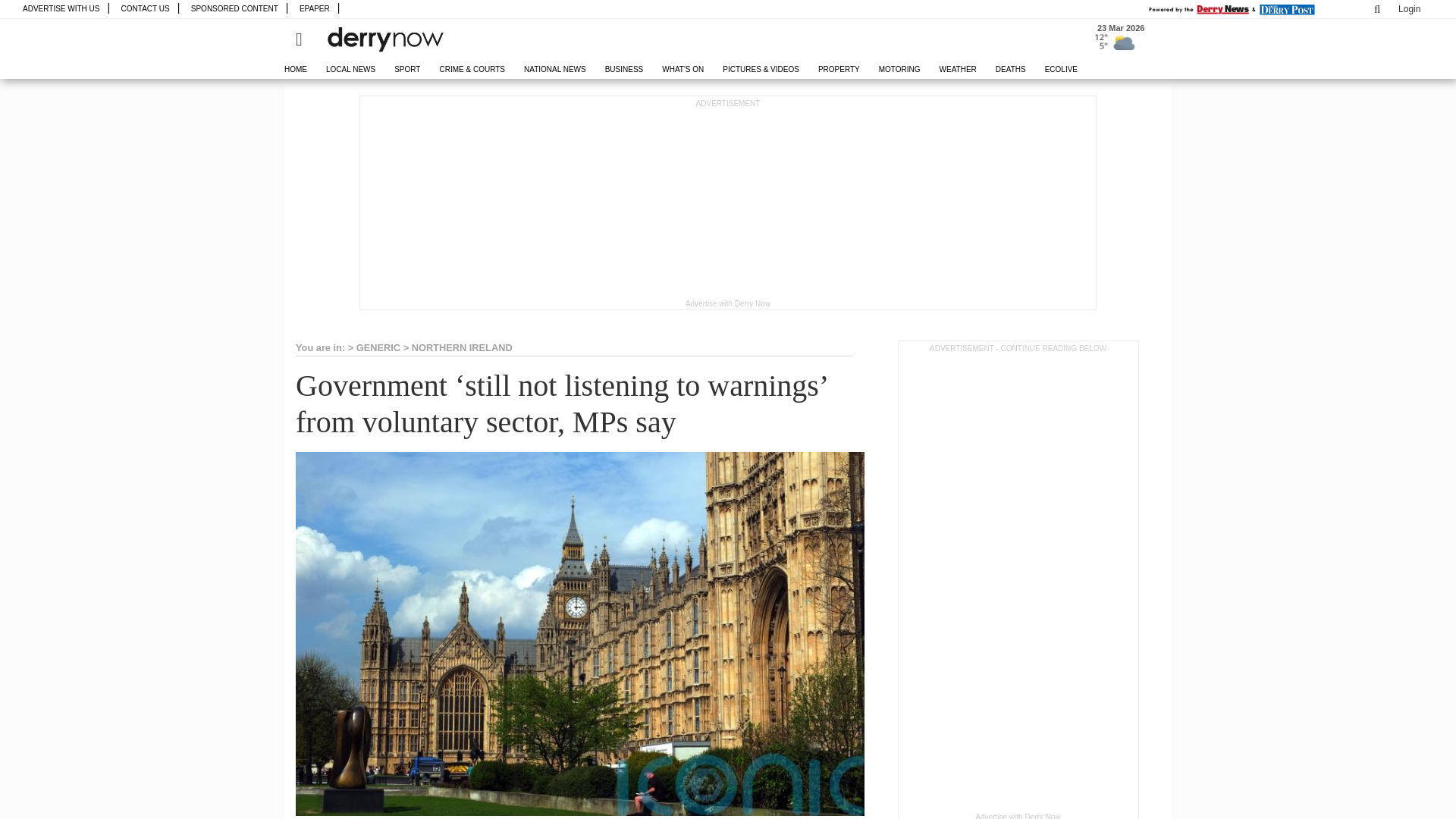 website screenshot of https://www.derrynow.com/news/northern-ireland/2044938/government-still-not-listening-to-warnings-from-voluntary-sector-mps-say.html