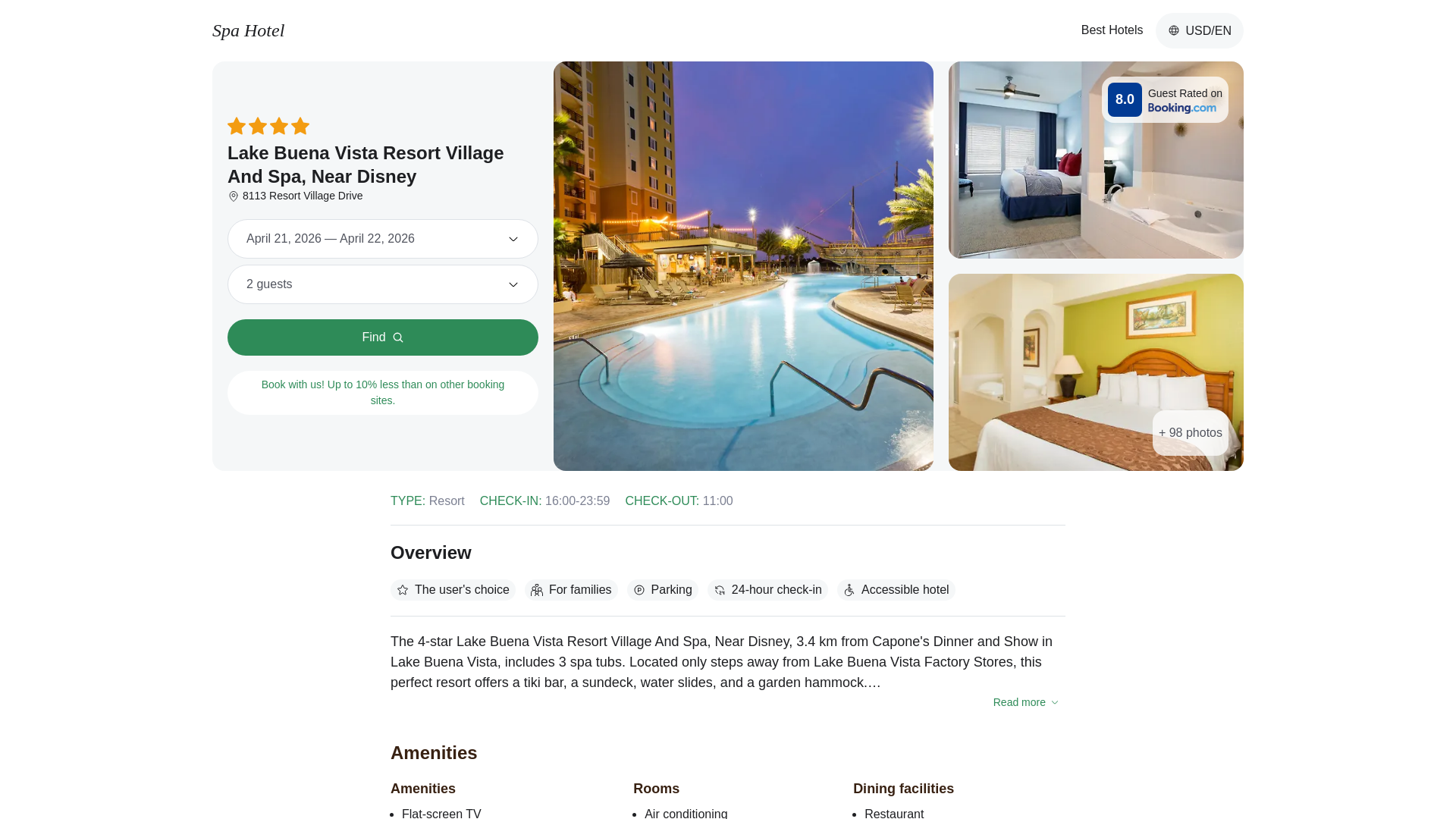 website screenshot of https://lakebuenavistavillageneardisney.spahotel.guru