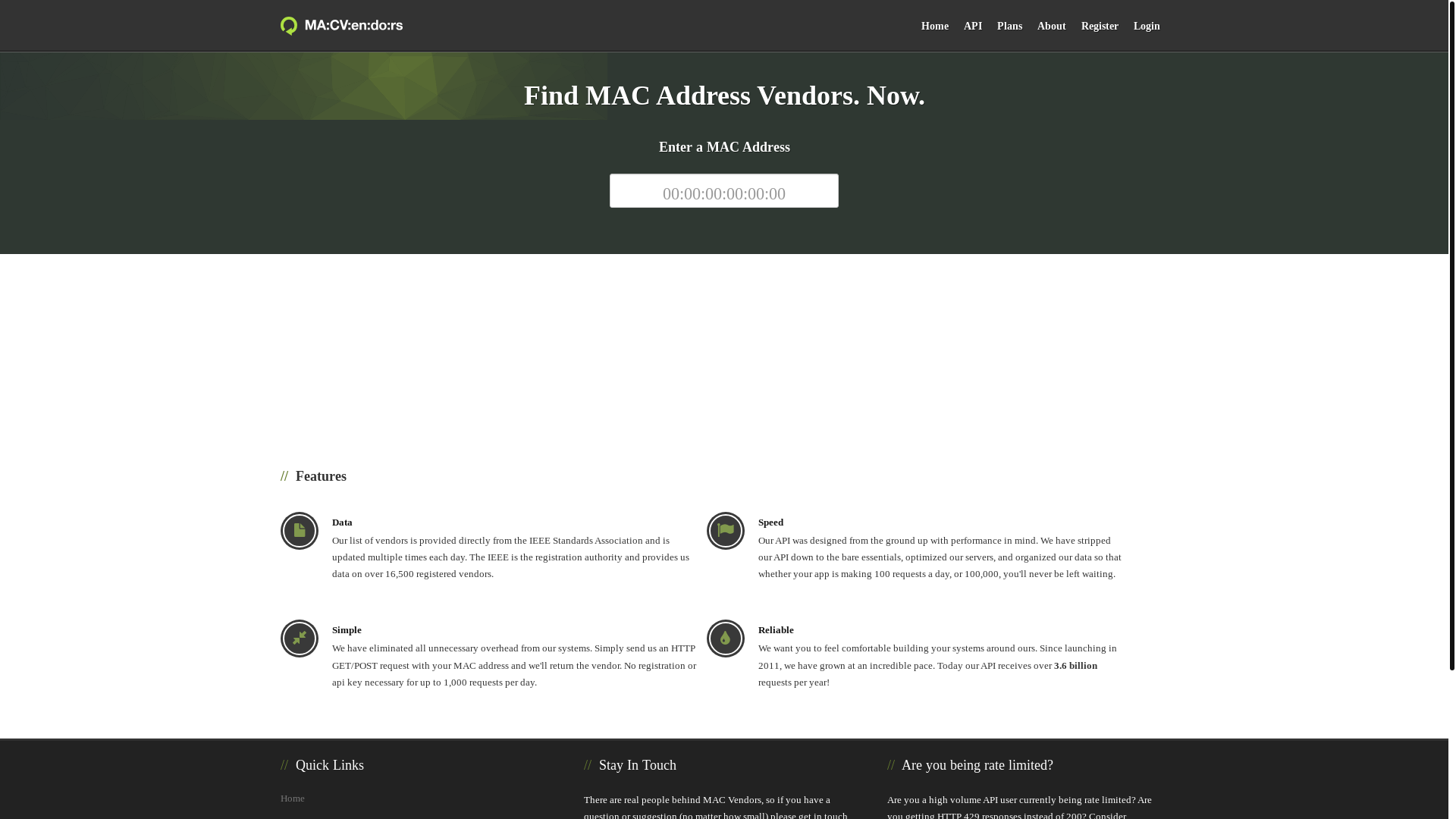 website screenshot of https://macvendors.com/