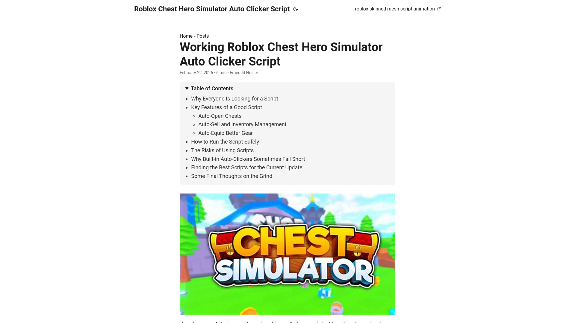 website screenshot of https://roblox-chest-hero-simulator-auto-clicker-script.pages.dev/